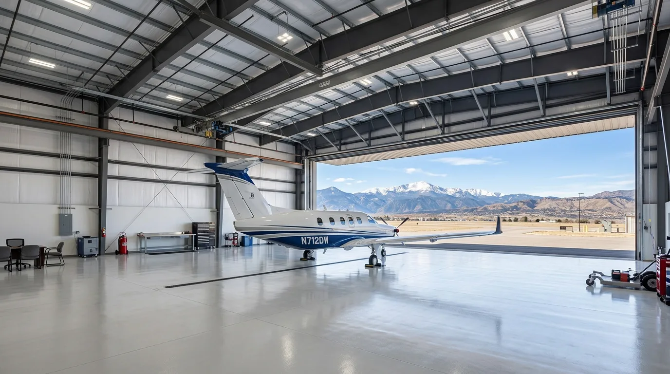Private aircraft hangar near Denver Colorado with pristine light gray epoxy floor and small plane parked