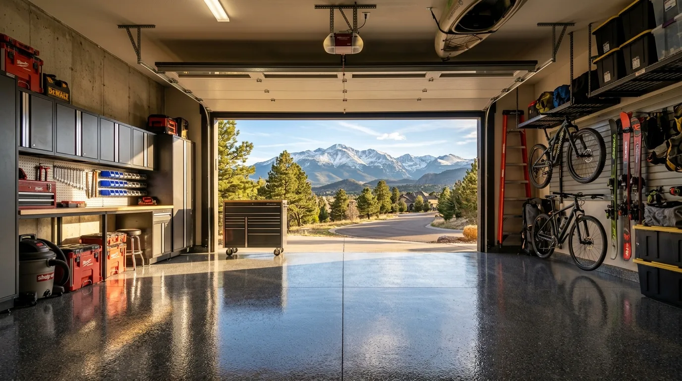 Denver Colorado garage with intense afternoon sunshine flooding in, glossy UV-stable polyaspartic epoxy floor reflecting the light, Rocky Mountain peaks visible