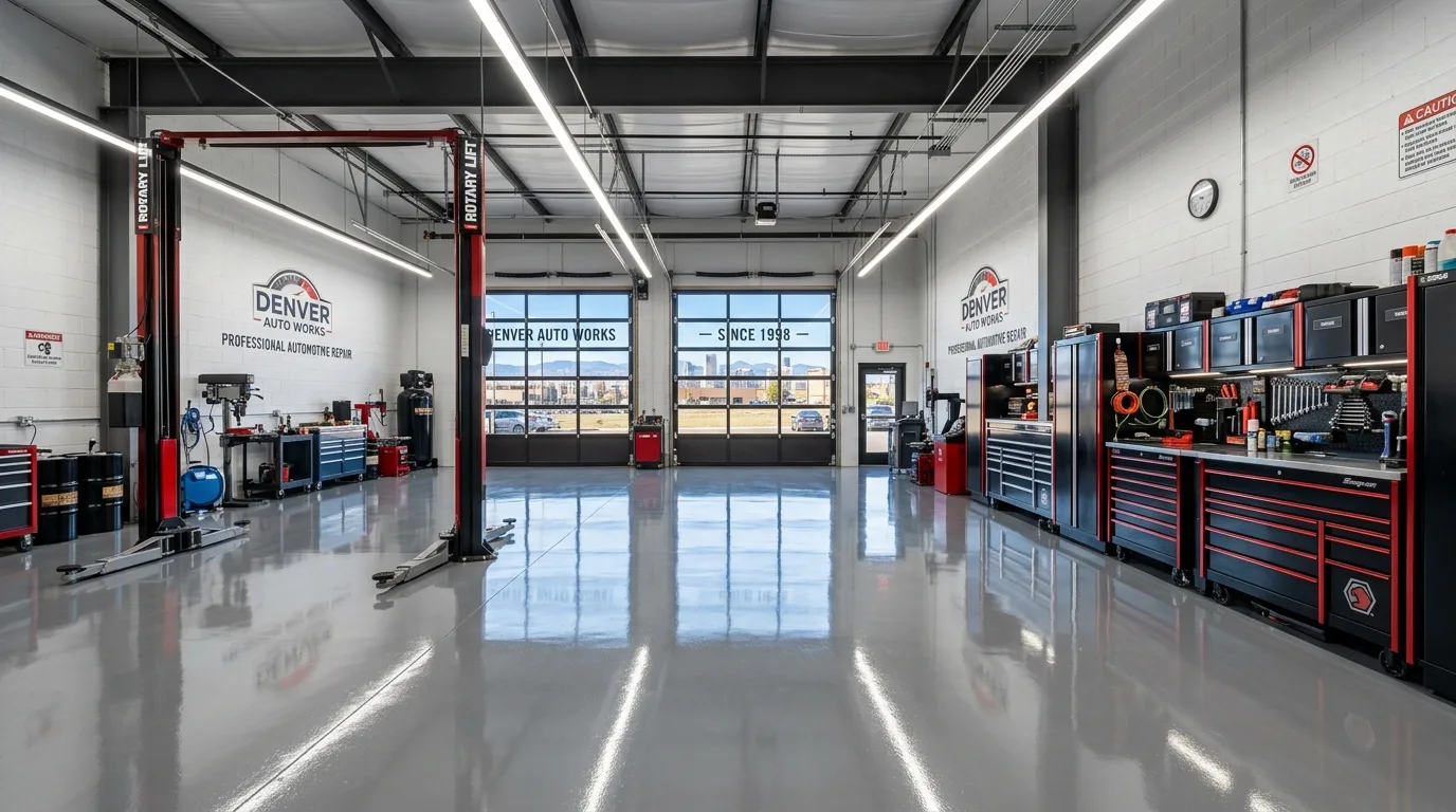 Automotive epoxy flooring Denver Colorado professional shop with glossy gray floor and car lift