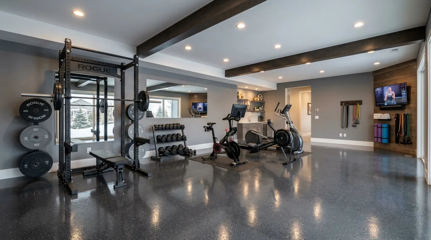 Basement epoxy floor Denver Colorado home gym with charcoal gray coating