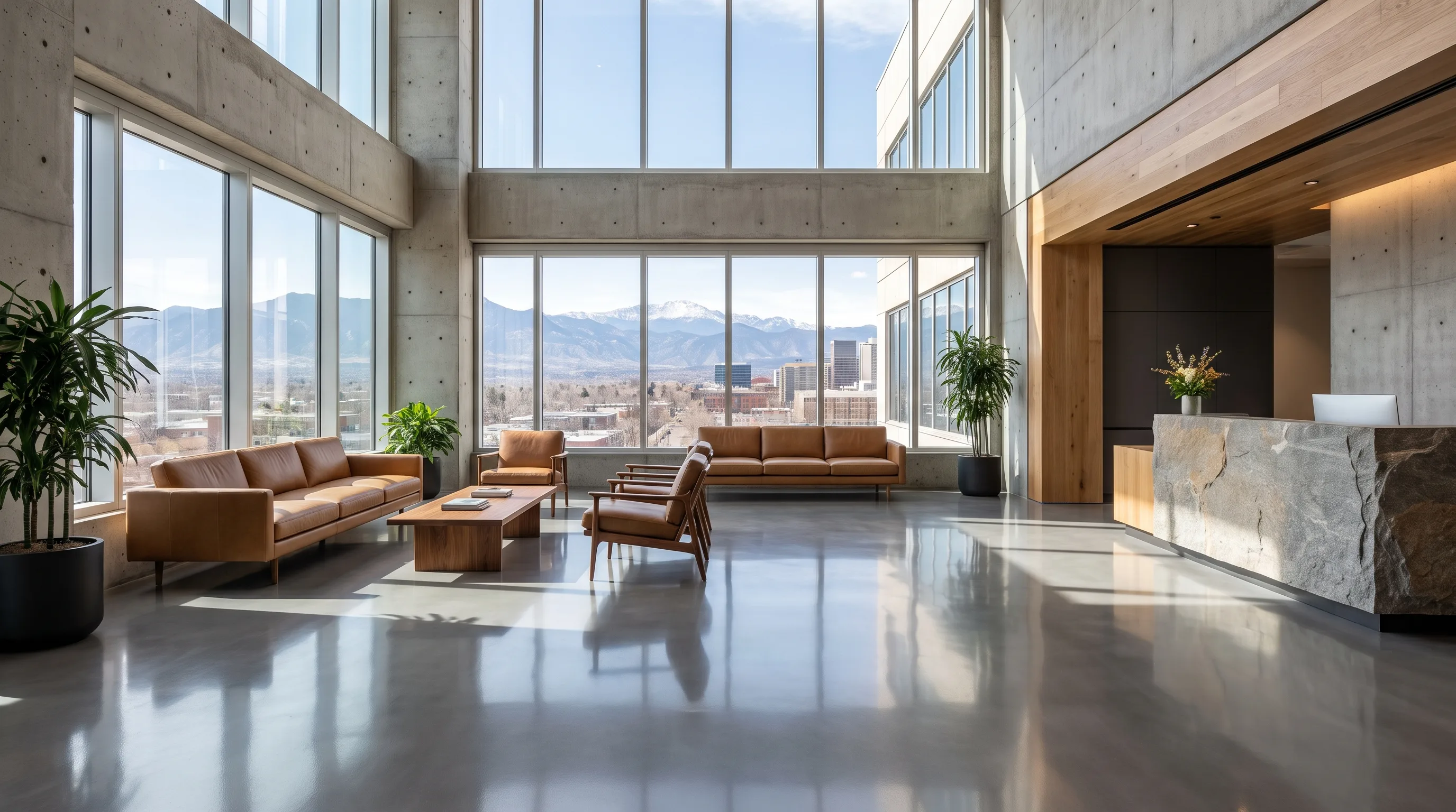 Modern commercial office lobby in Denver Colorado with glossy gray epoxy floor