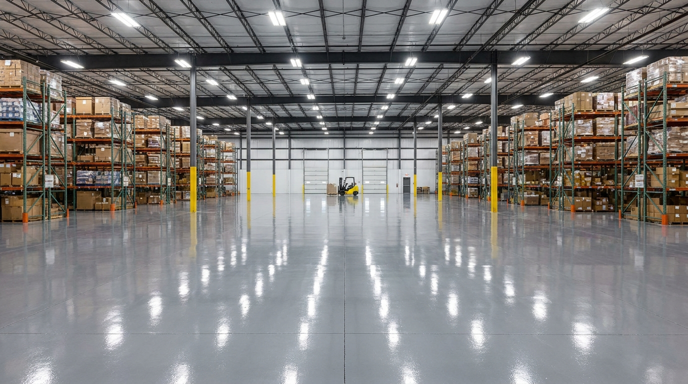 Polished epoxy floor in a large Denver commercial warehouse distribution center