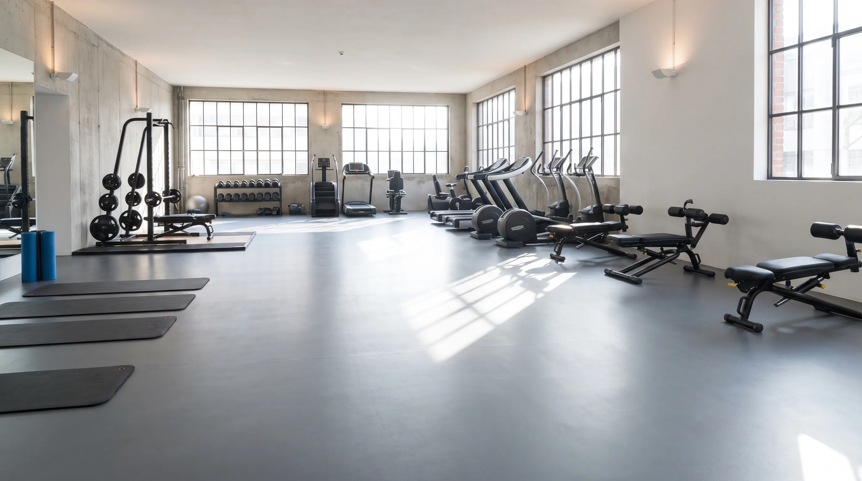 Modern Denver fitness studio with matte gray epoxy floor and exercise equipment
