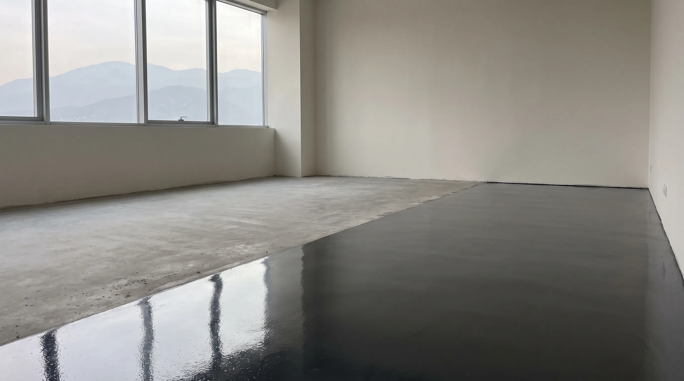 Commercial office floor mid-installation showing bare prepped concrete transitioning to finished glossy dark epoxy