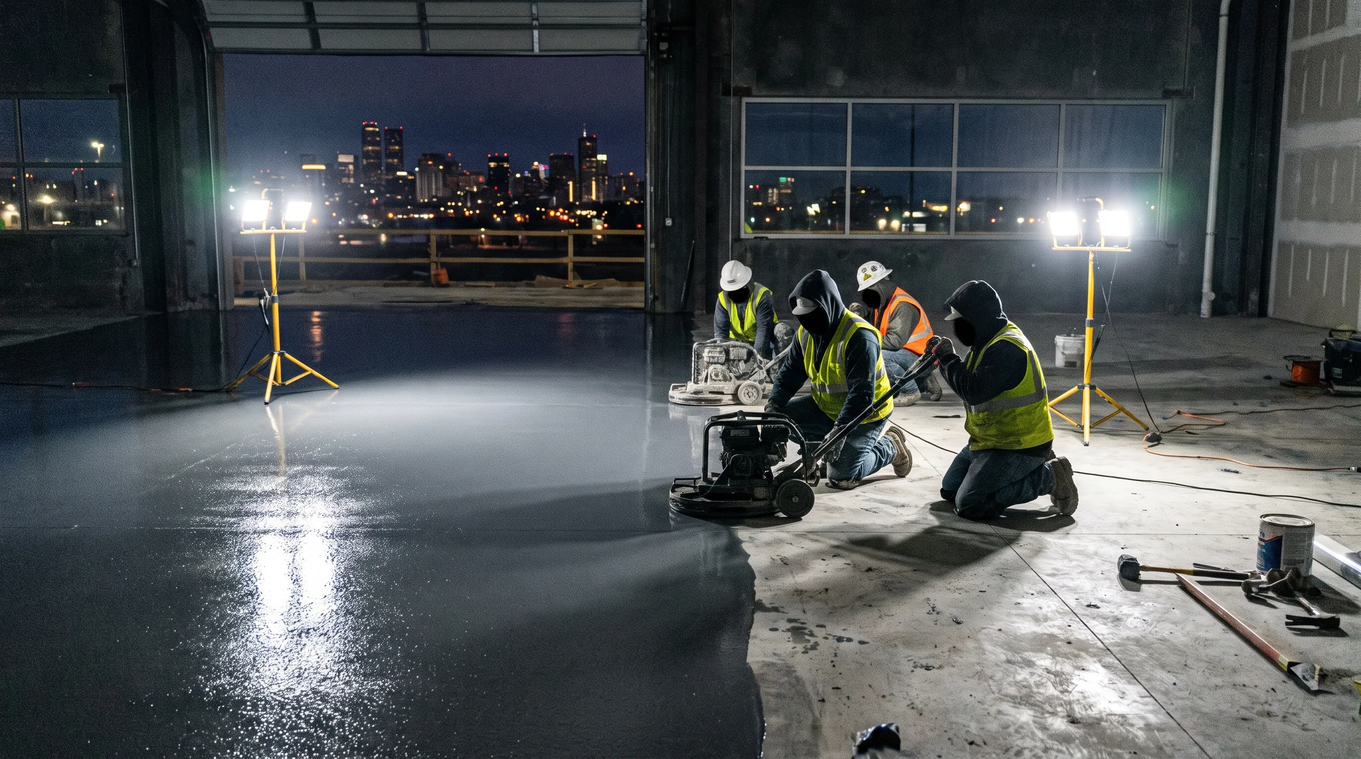 Installers working on a commercial epoxy floor overnight with a Denver skyline visible through the window
