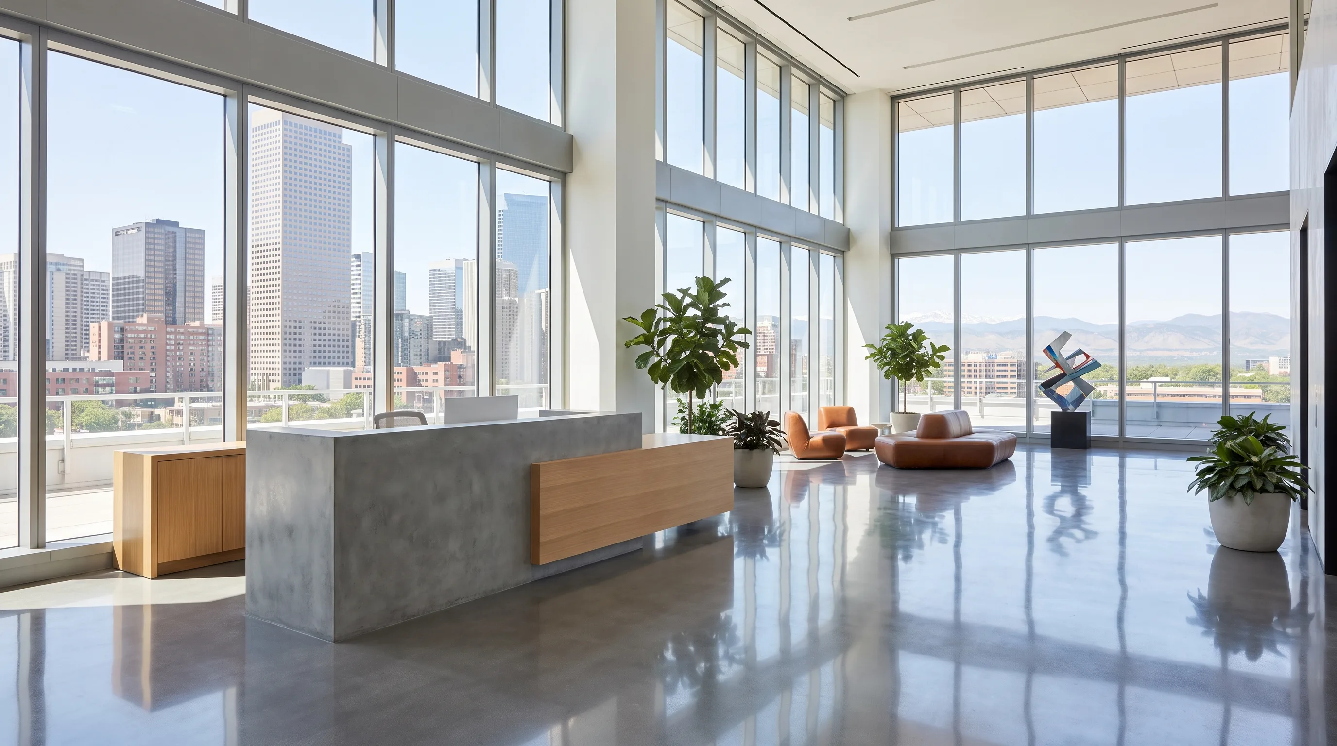 Modern Denver Colorado corporate office lobby with glossy gray epoxy floor