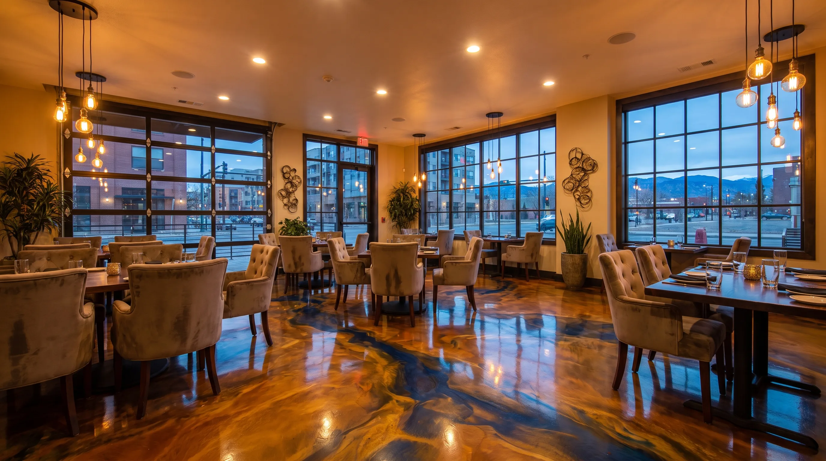 Stylish Denver restaurant dining room with glossy metallic epoxy floor and warm ambient lighting