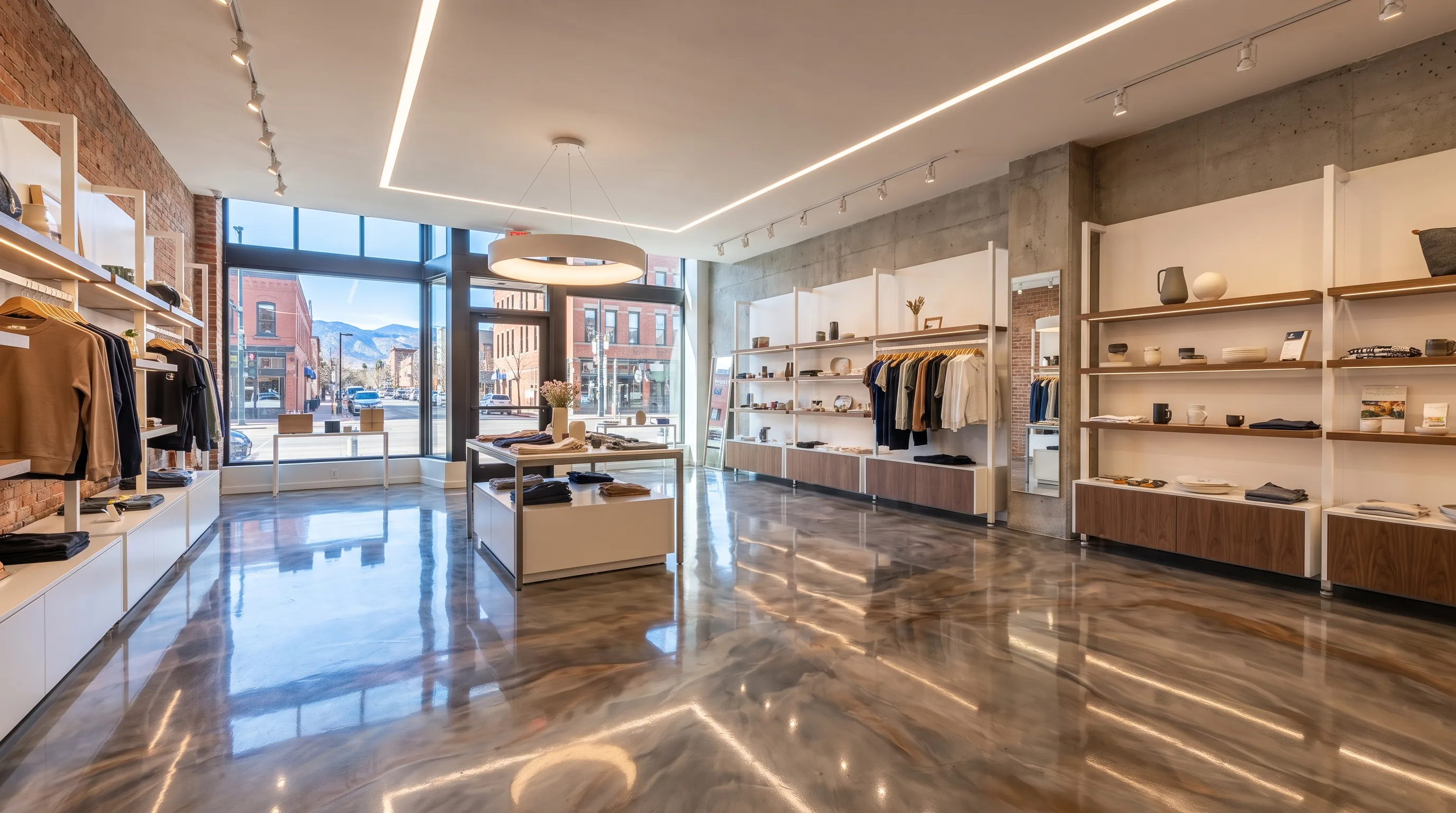 Bright Denver Colorado boutique retail store interior with high-gloss metallic epoxy floor
