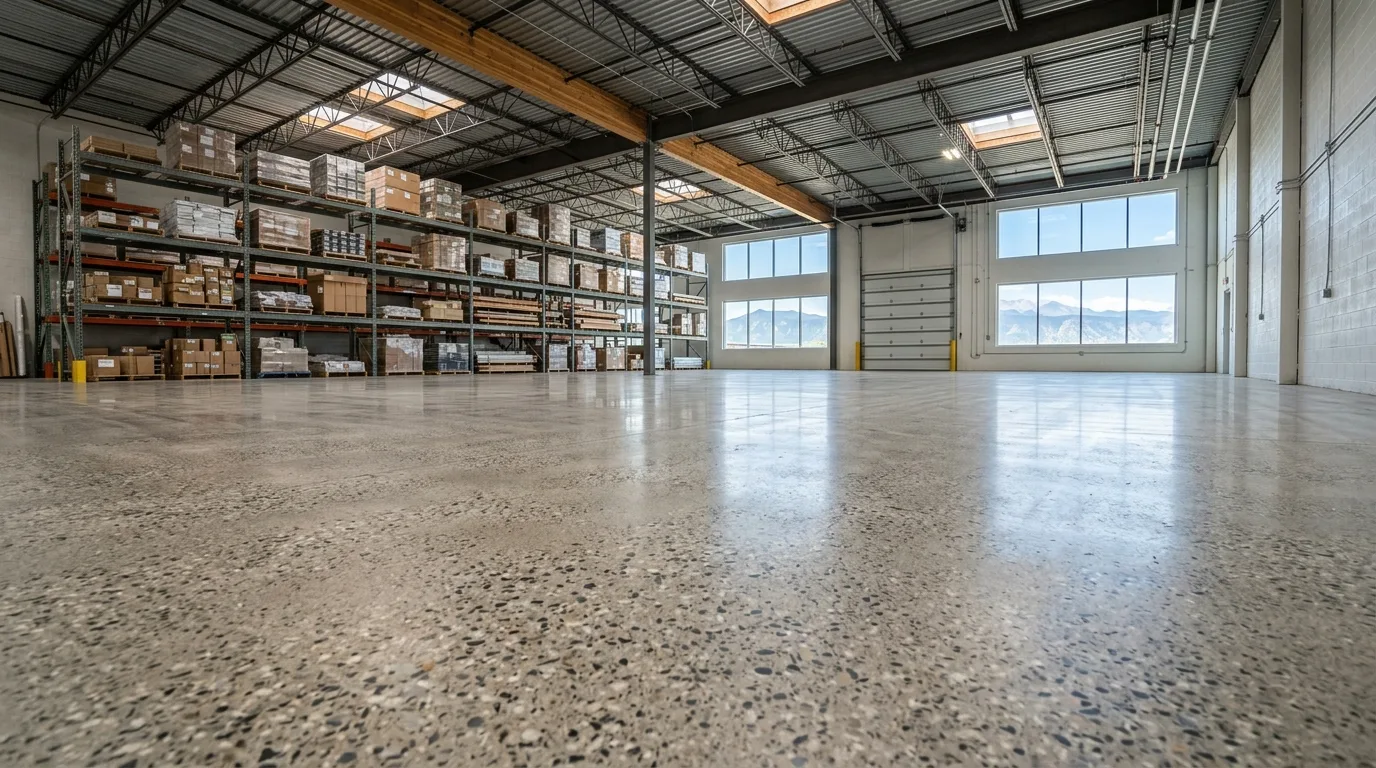 Denver commercial warehouse with matte concrete grind and seal floor finish, natural aggregate texture showing through satin sheen