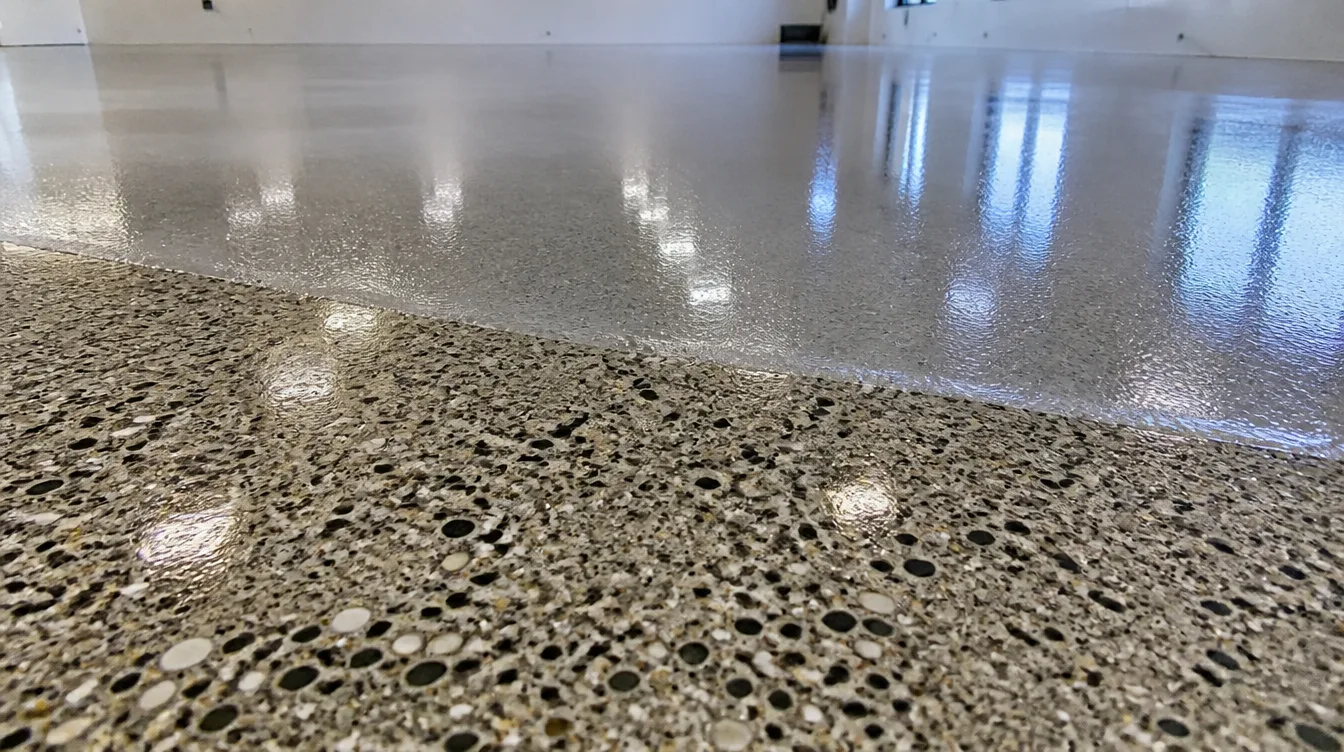 Close-up macro shot of polished concrete floor showing salt-and-pepper aggregate exposure next to a glossy epoxy transition