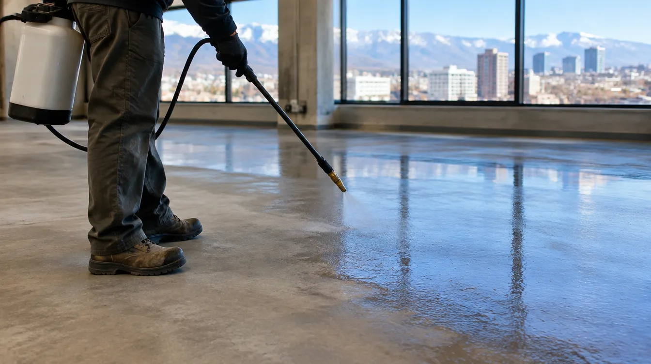 Contractor spraying densifier sealer on a polished concrete floor in a Denver commercial space