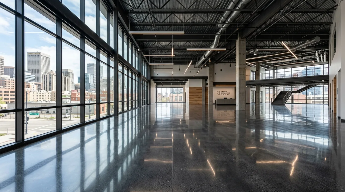 High-gloss polished concrete floor with mirror finish in a modern Denver Colorado commercial space