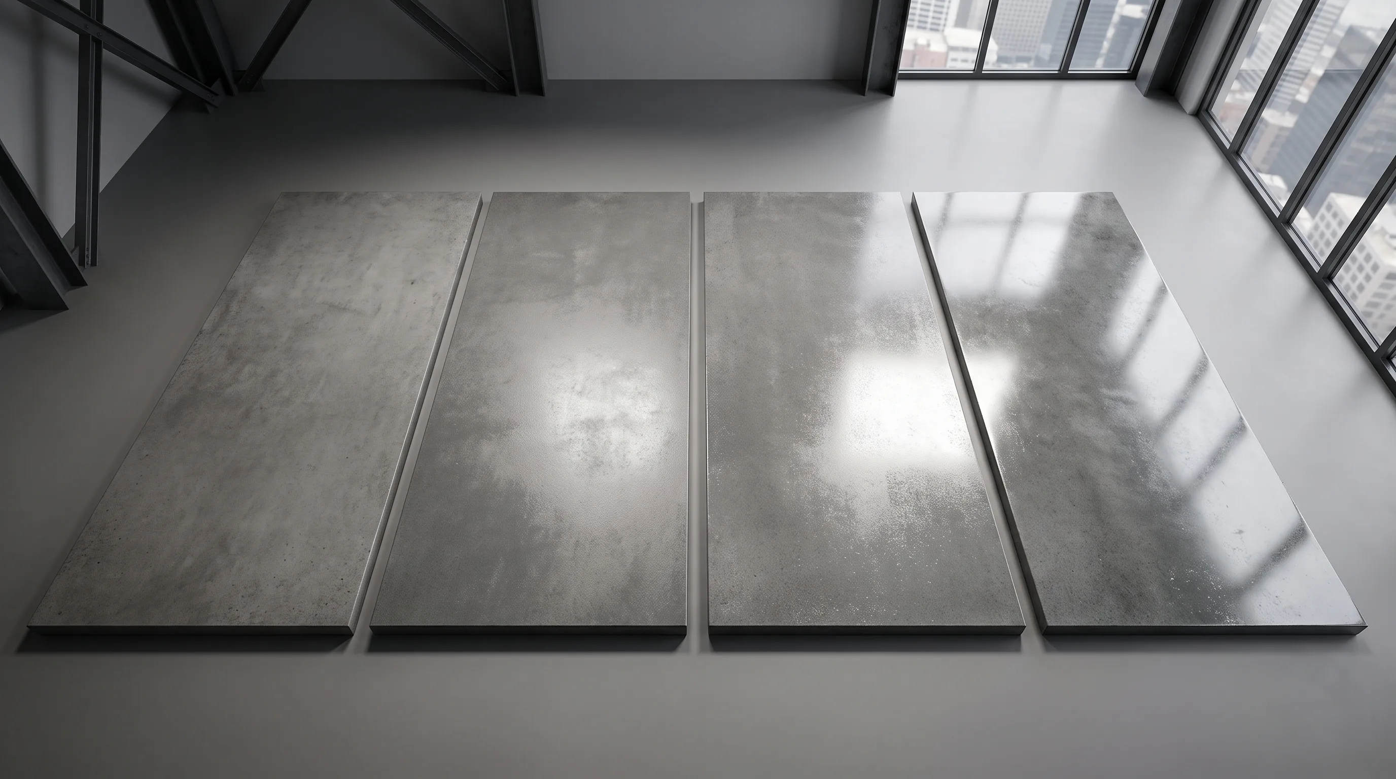 Overhead view of four concrete floor samples showing matte, satin, semi-gloss, and mirror polish gloss levels side by side
