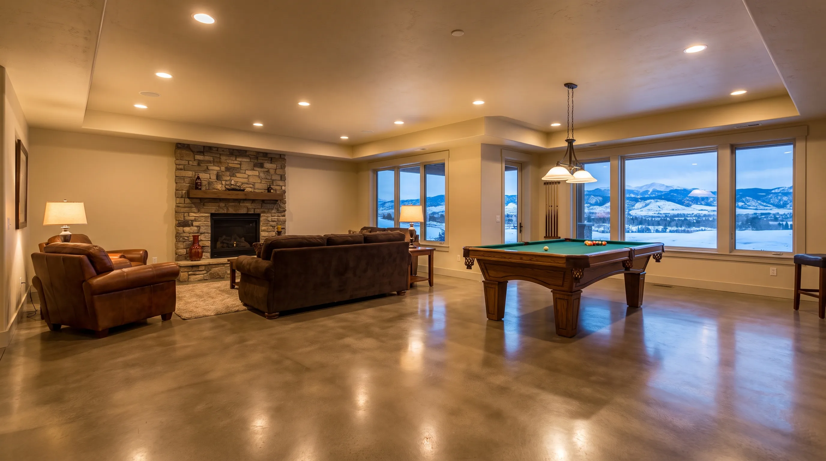 Finished Denver basement rec room with satin-polished concrete floor, cozy leather seating, and pool table