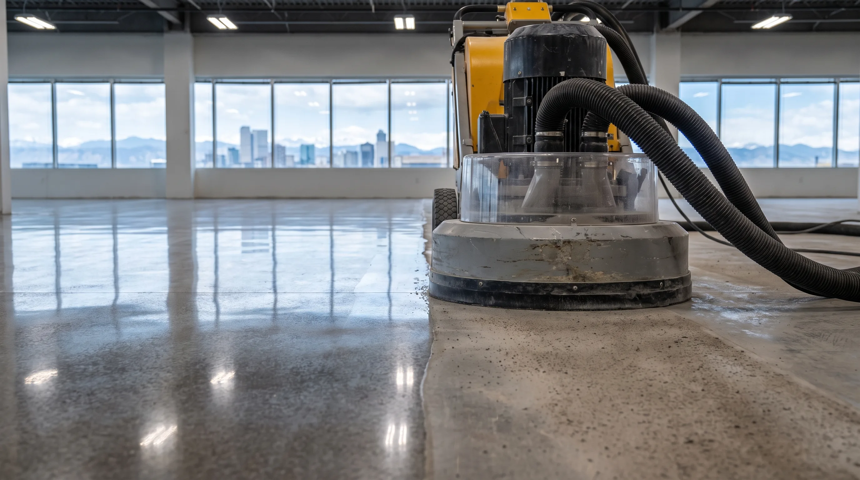 Diamond grinding machine polishing a concrete floor in a Denver commercial space