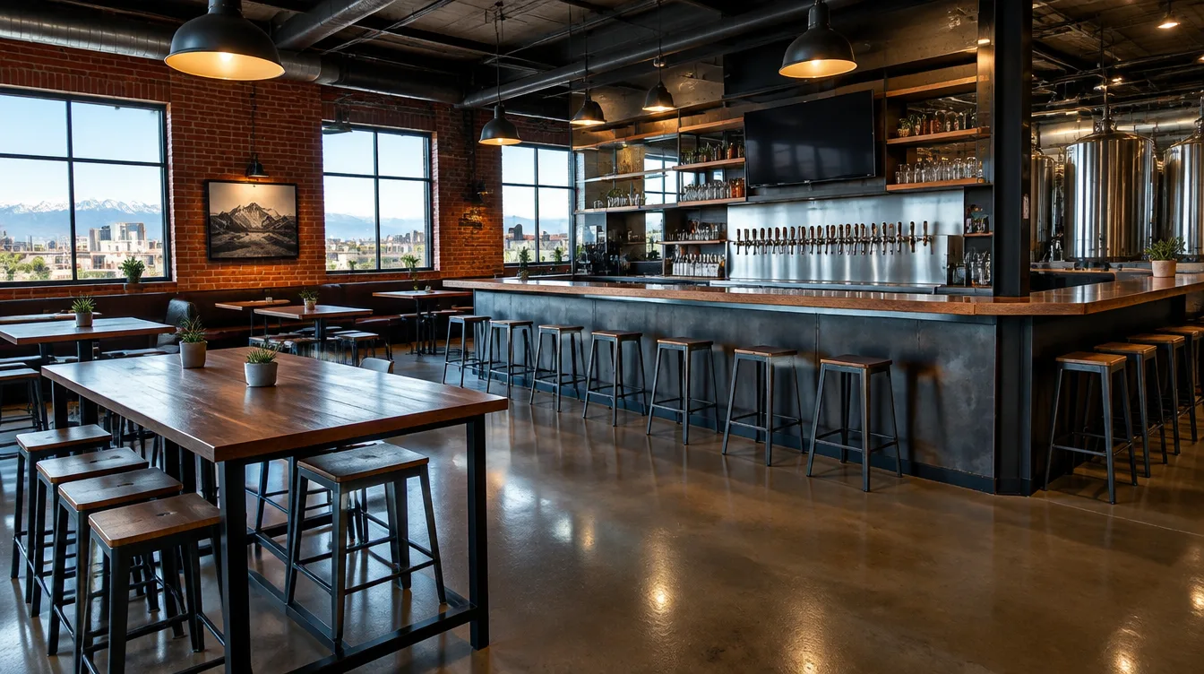 Industrial brewery taproom in Denver with satin-polished concrete floor and exposed brick