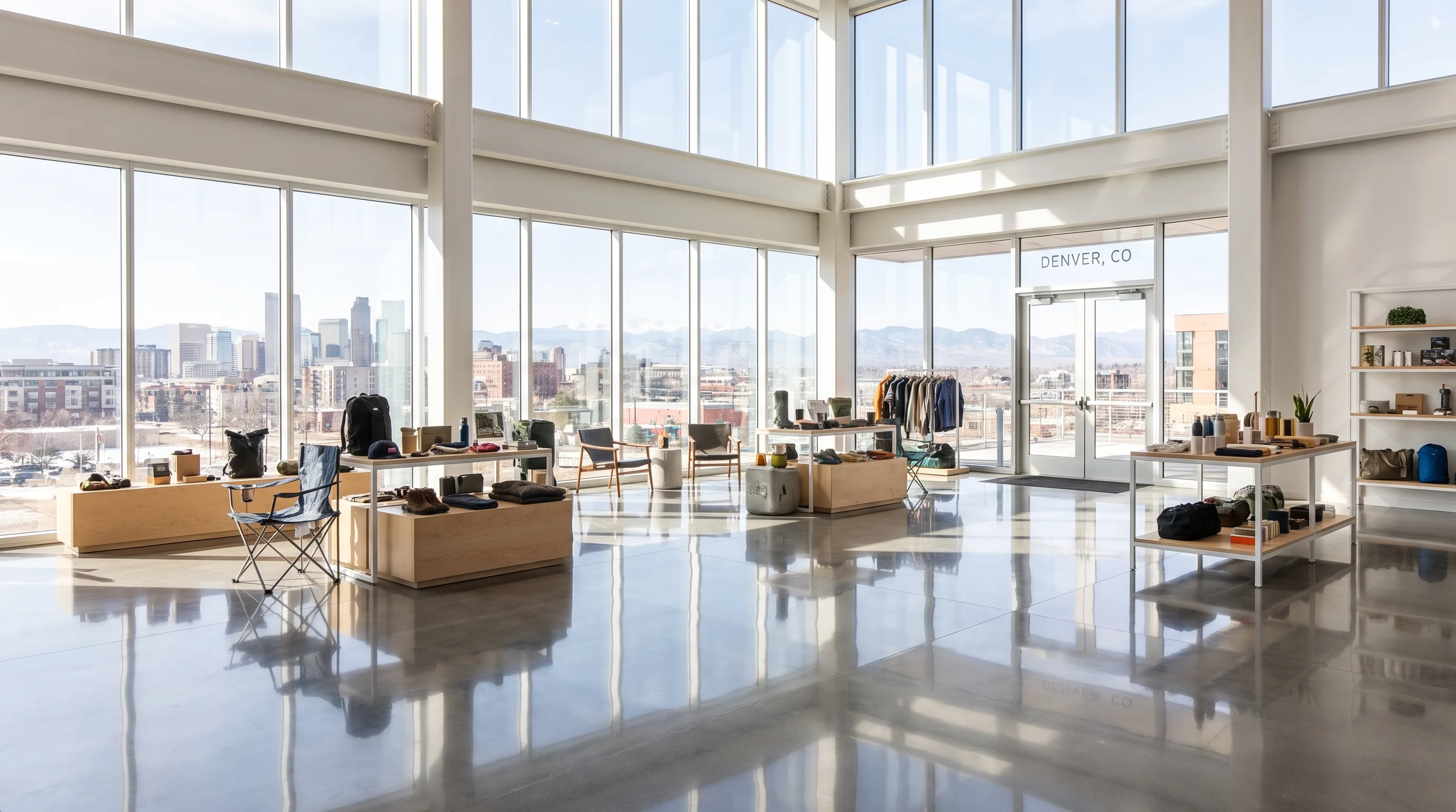 Denver Colorado showroom with mirror-finish polished concrete floor reflecting product displays