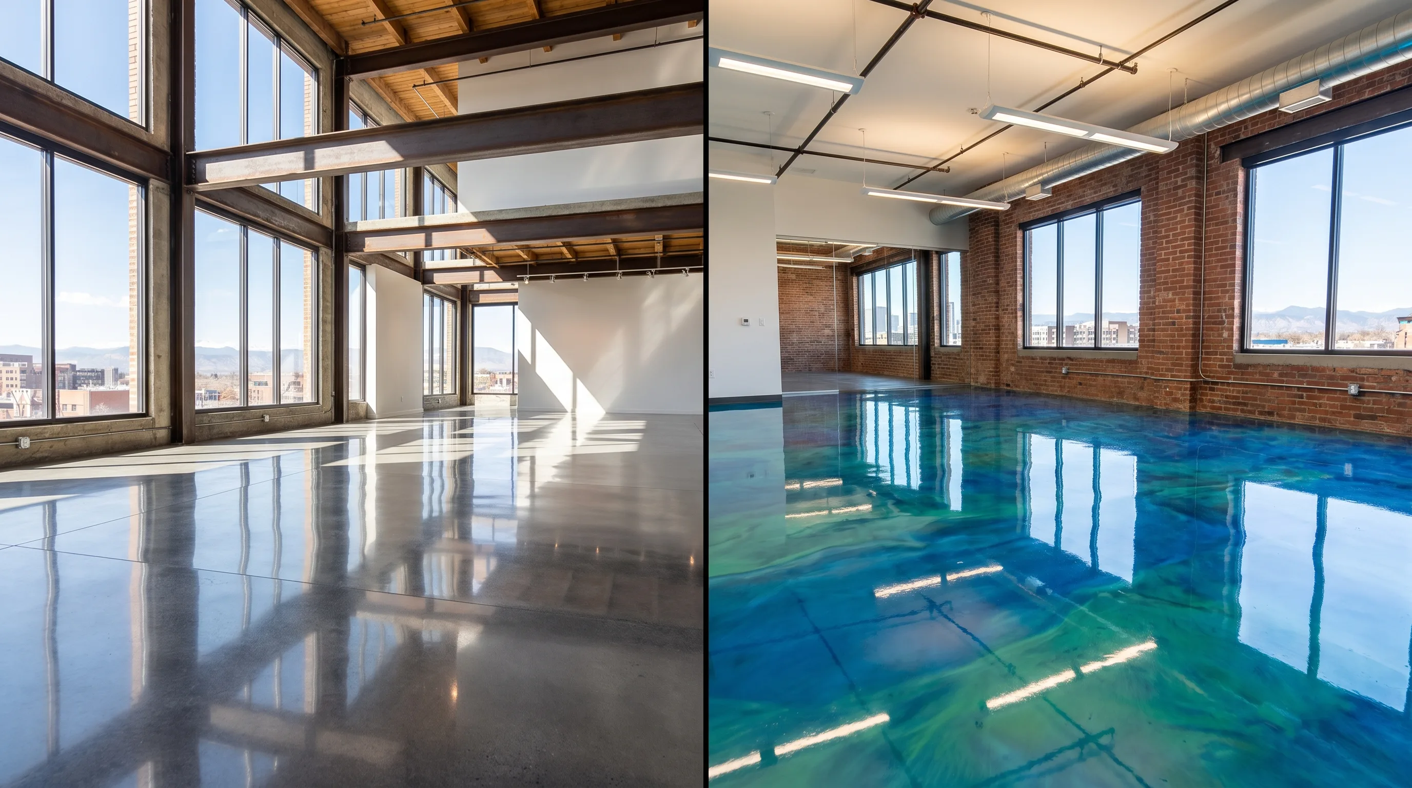 Split-screen comparison of a polished concrete floor and a glossy blue-green epoxy floor in similar Denver commercial spaces