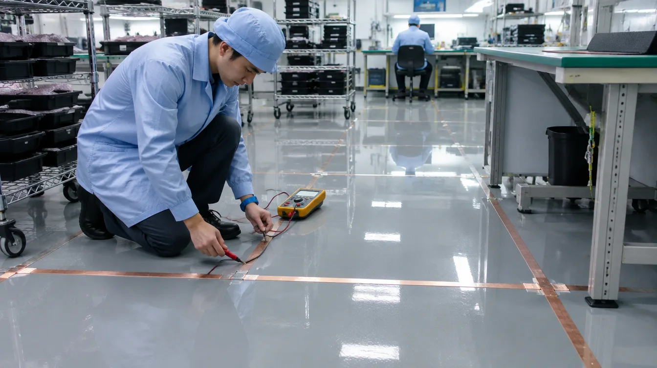 Technician testing copper ESD grounding strips on a static dissipative resin floor in an electronics assembly area
