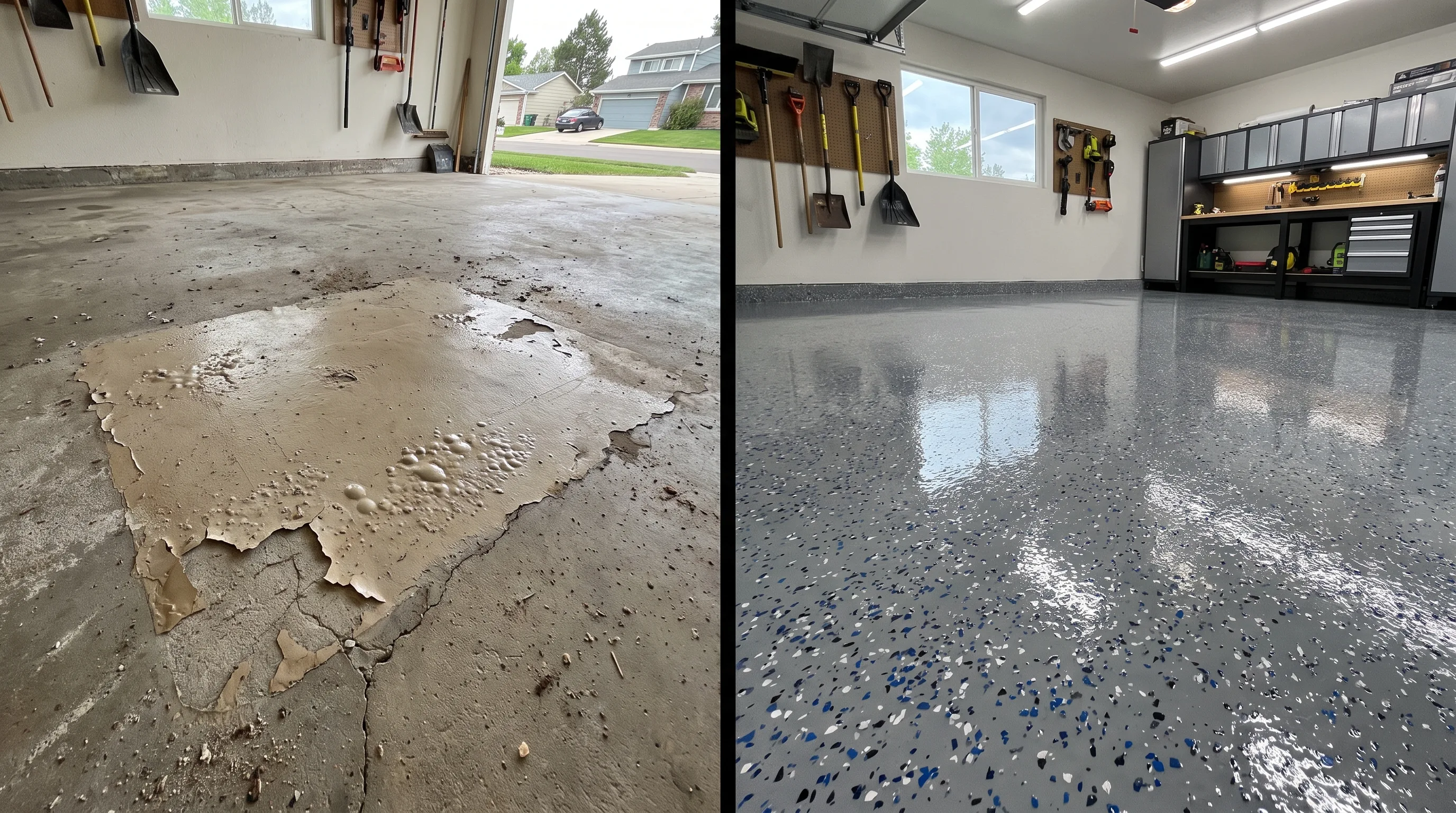 Split comparison of a peeling DIY epoxy garage floor and a professionally finished glossy epoxy floor