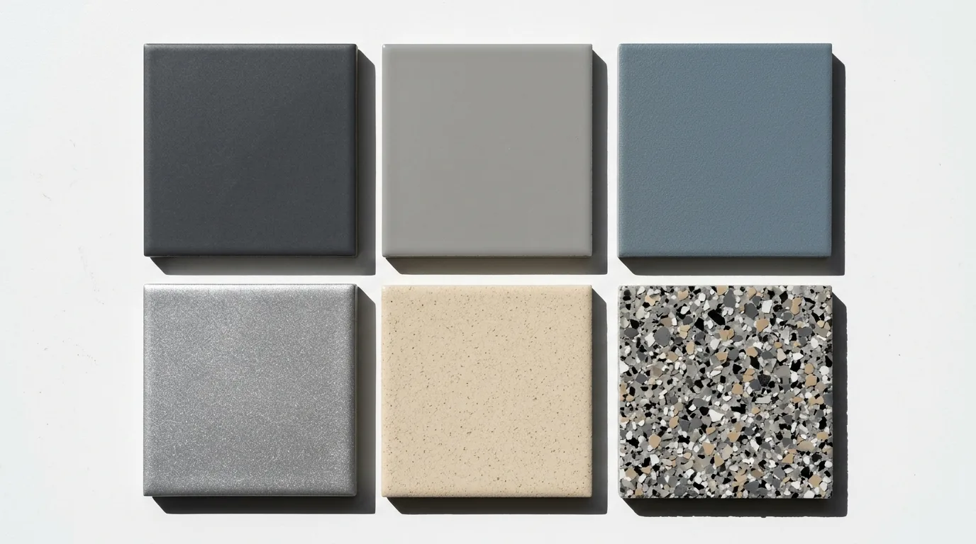 Overhead flat lay of epoxy floor color sample tiles arranged in a grid — charcoal, light gray, slate blue, metallic silver, warm beige, granite flake blend