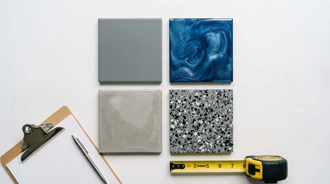 Epoxy floor sample tiles in solid gray, charcoal flake, and metallic blue arranged with a clipboard and tape measure