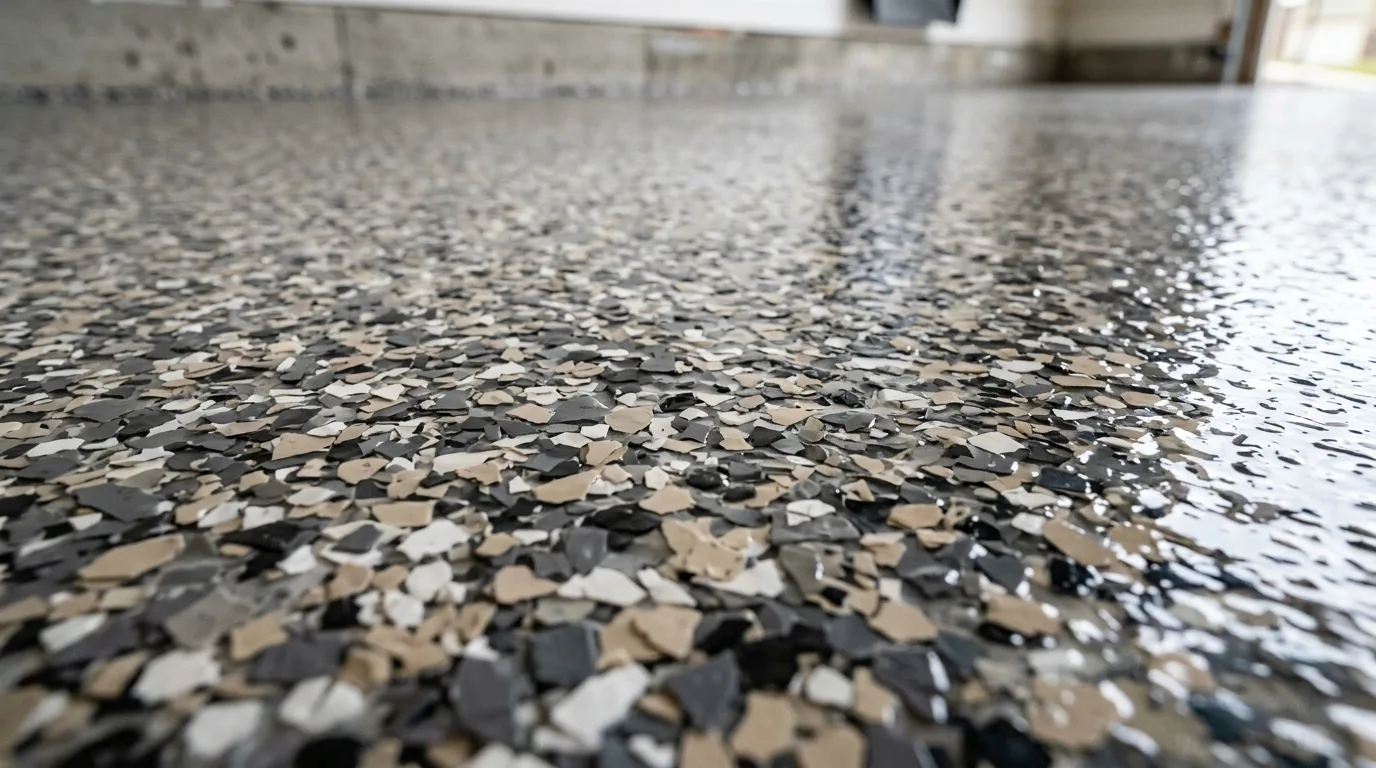 Full-broadcast epoxy flake floor system with granite blend color chips in charcoal gray and beige embedded in glossy polyaspartic topcoat