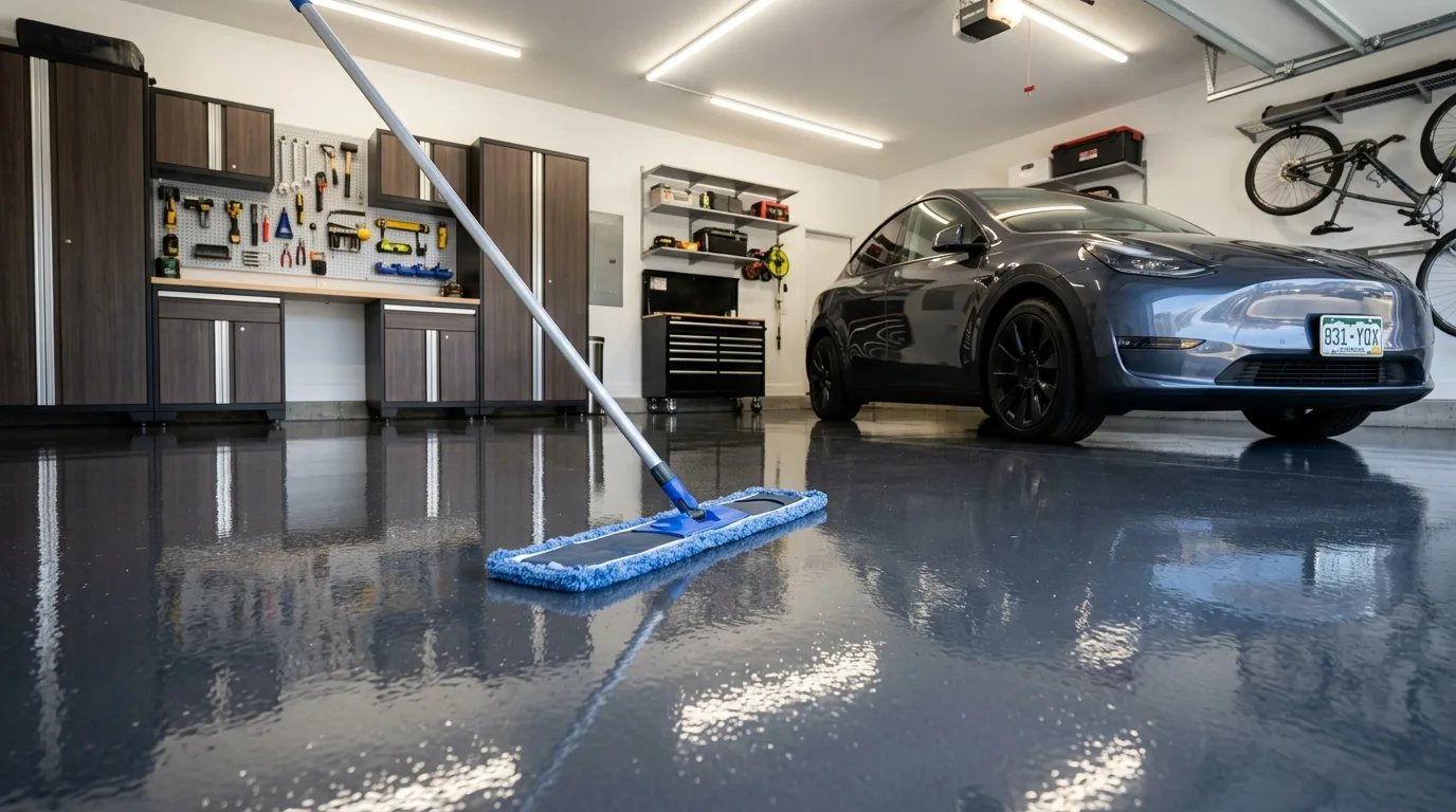 Spotless glossy charcoal epoxy garage floor in a Denver Colorado home being cleaned with a microfiber dust mop