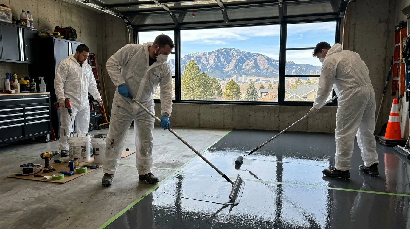 Professional epoxy floor installers in white coveralls applying epoxy floor coating in a Denver Colorado garage
