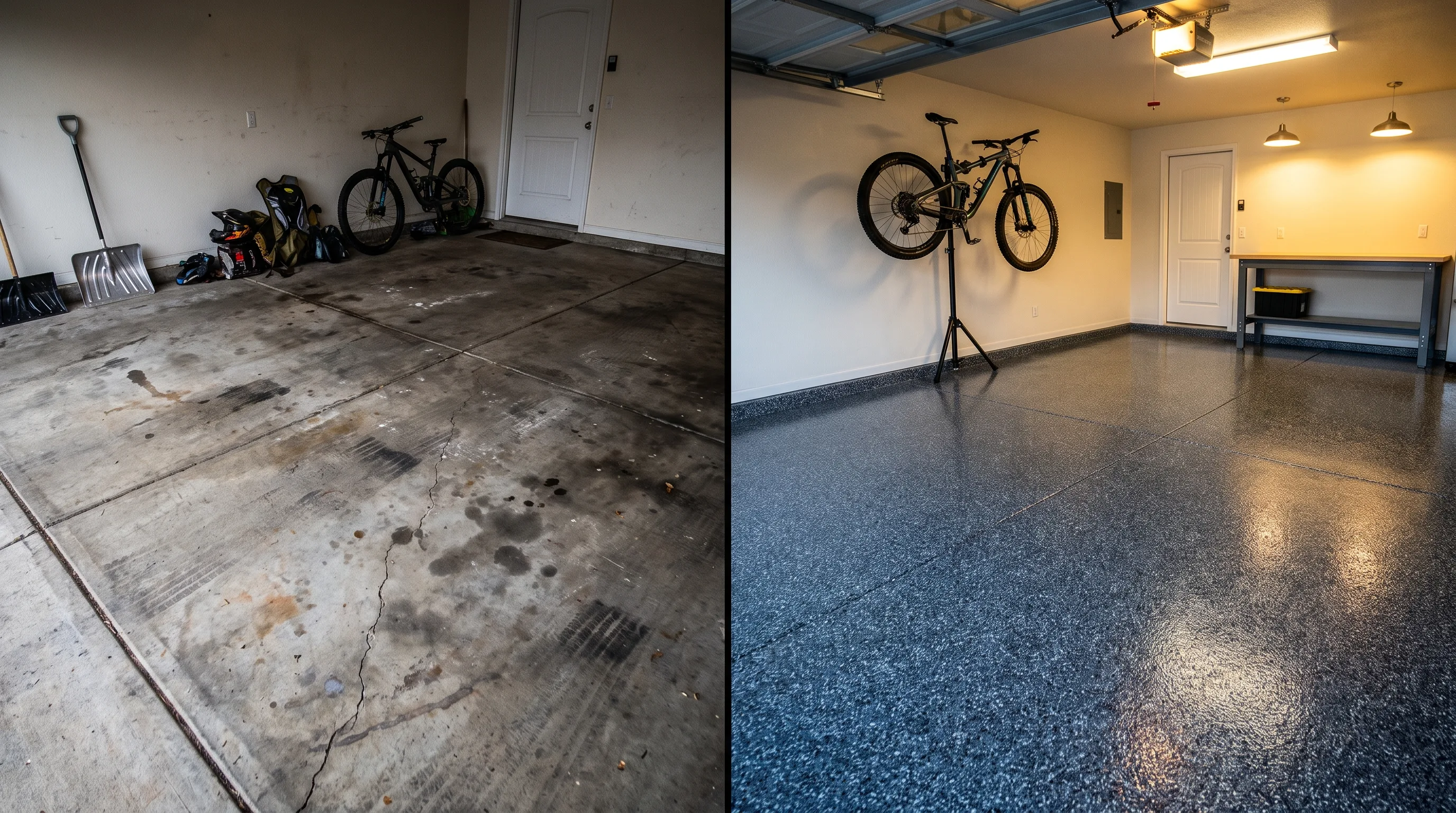 Before and after split image of a Denver garage floor transformed with glossy charcoal epoxy flake finish