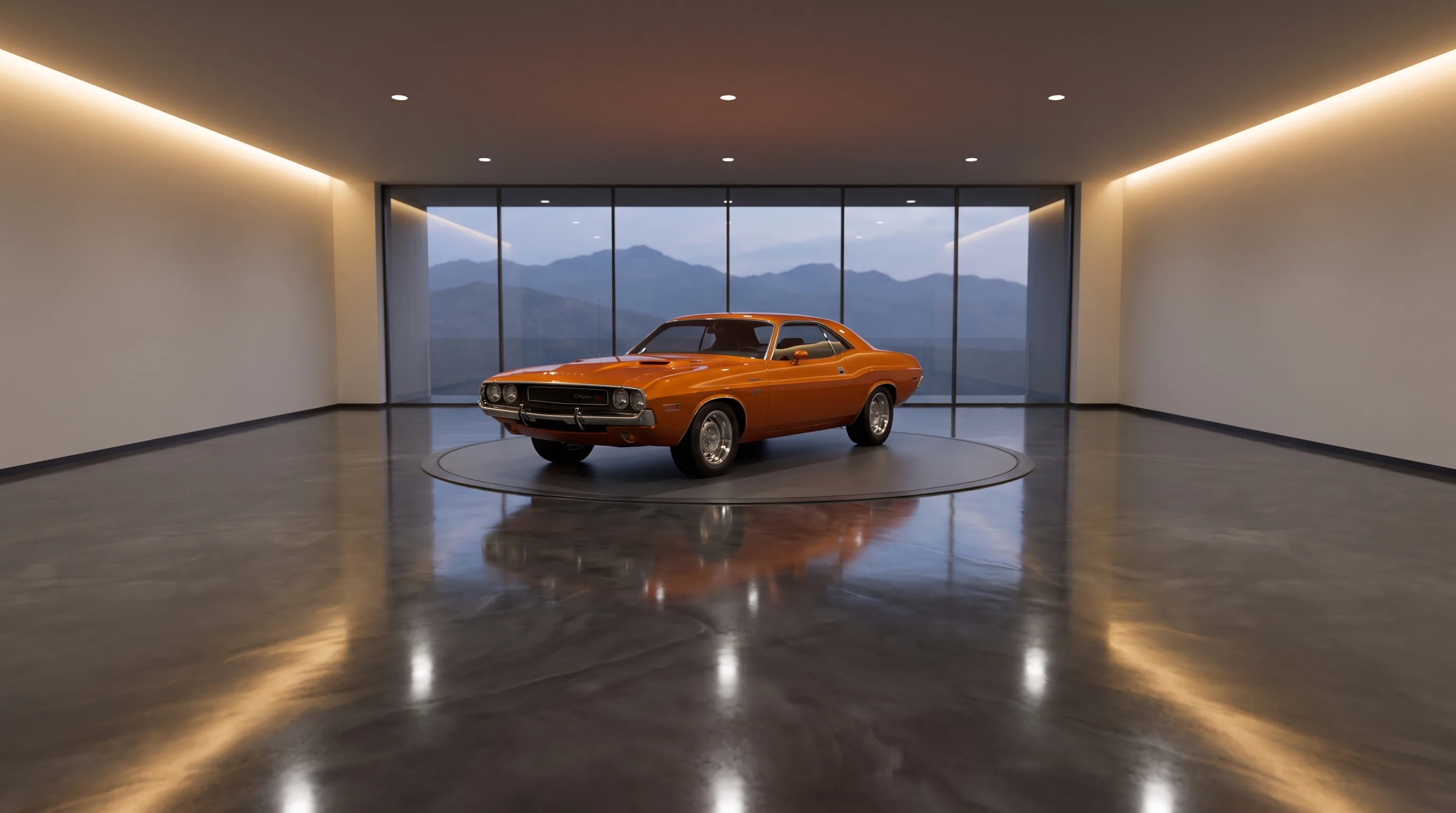High-gloss metallic epoxy garage floor with a classic car parked as the display centerpiece