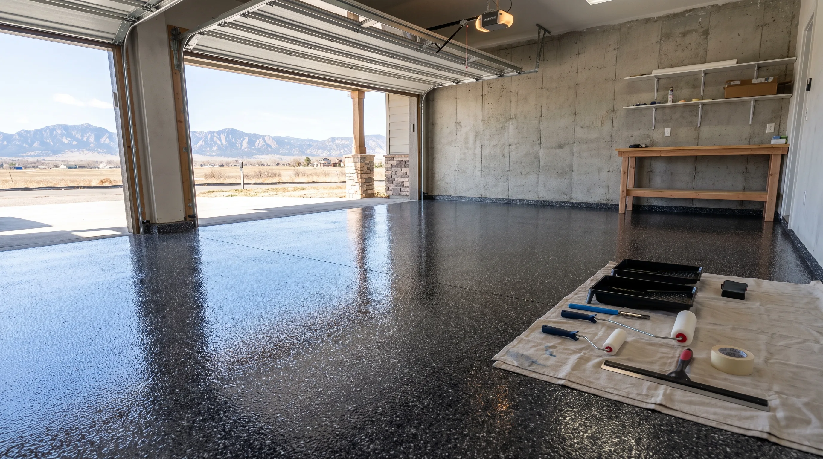 Freshly completed epoxy garage floor installation in a Denver Colorado two-car garage, glossy charcoal flake finish