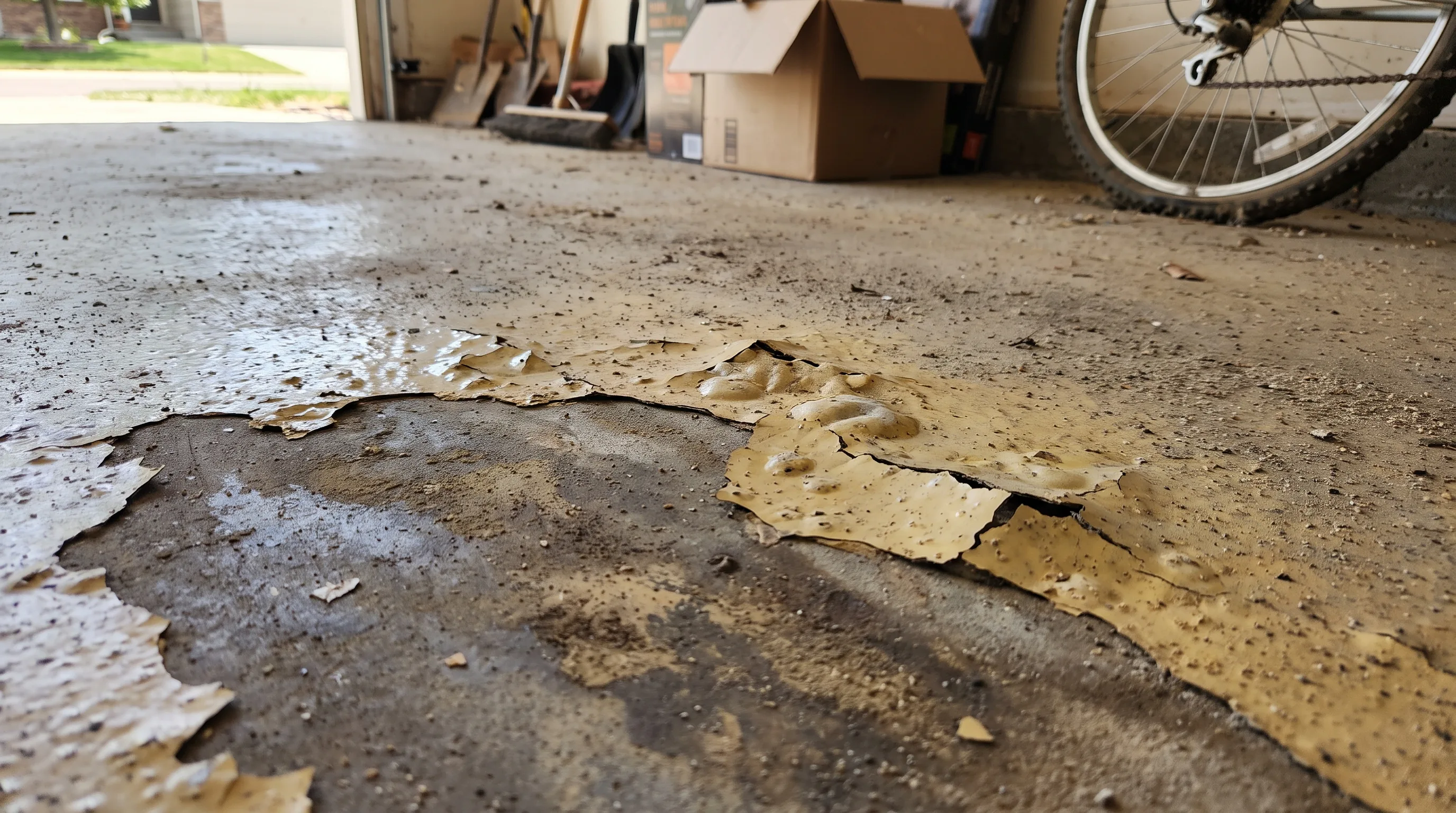 Peeling and delaminated epoxy garage floor patch showing installation failure in a Denver garage
