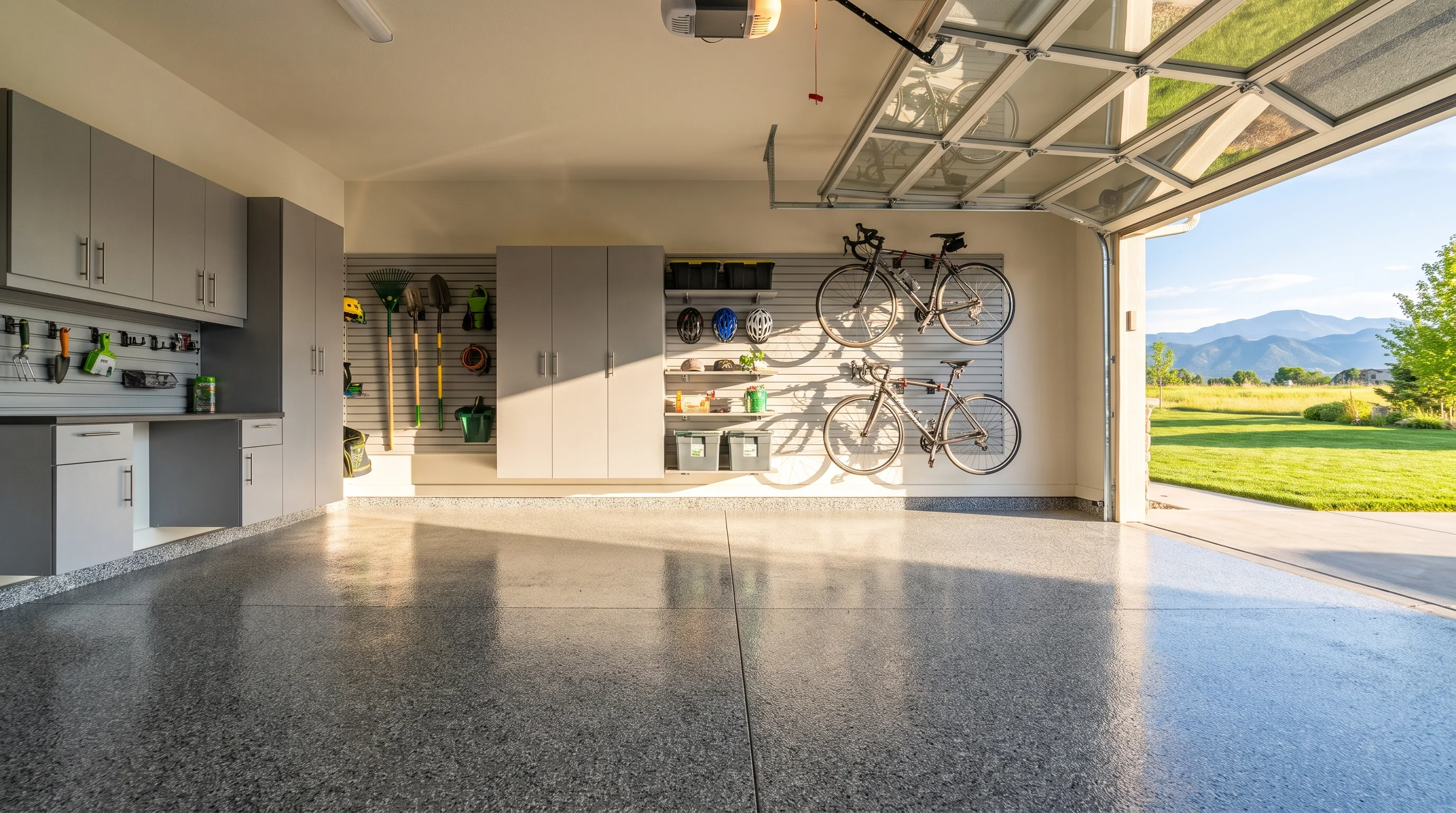 Clean staged Denver home garage with glossy speckled epoxy floor, organized cabinets, and mountain view outside