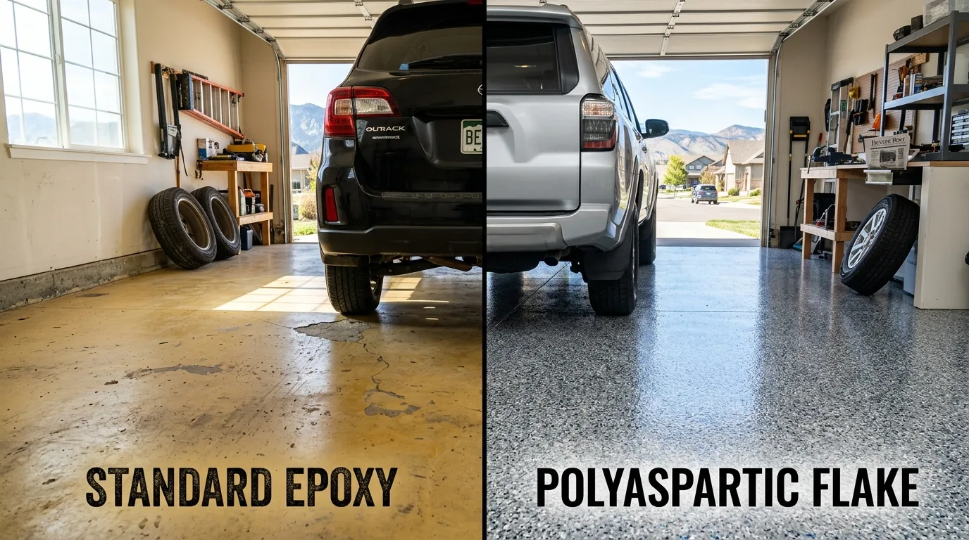 Split-screen comparison of a yellowed standard epoxy garage floor versus a UV-stable high-gloss polyaspartic flake floor