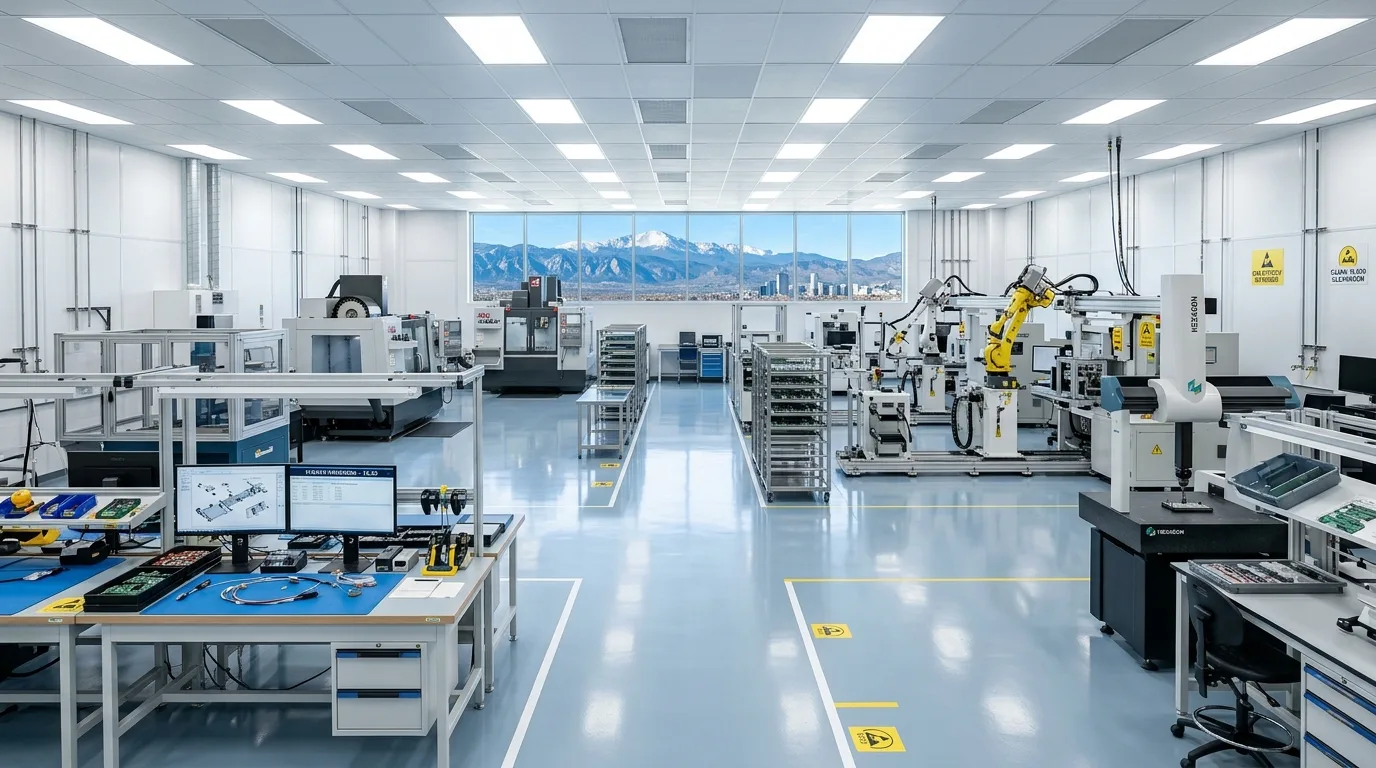 Aerospace electronics manufacturing clean room in Denver Colorado with ESD-compliant light blue-gray epoxy floor