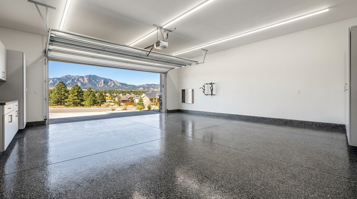 Finished dark metallic epoxy garage floor in a Denver home with mountain view