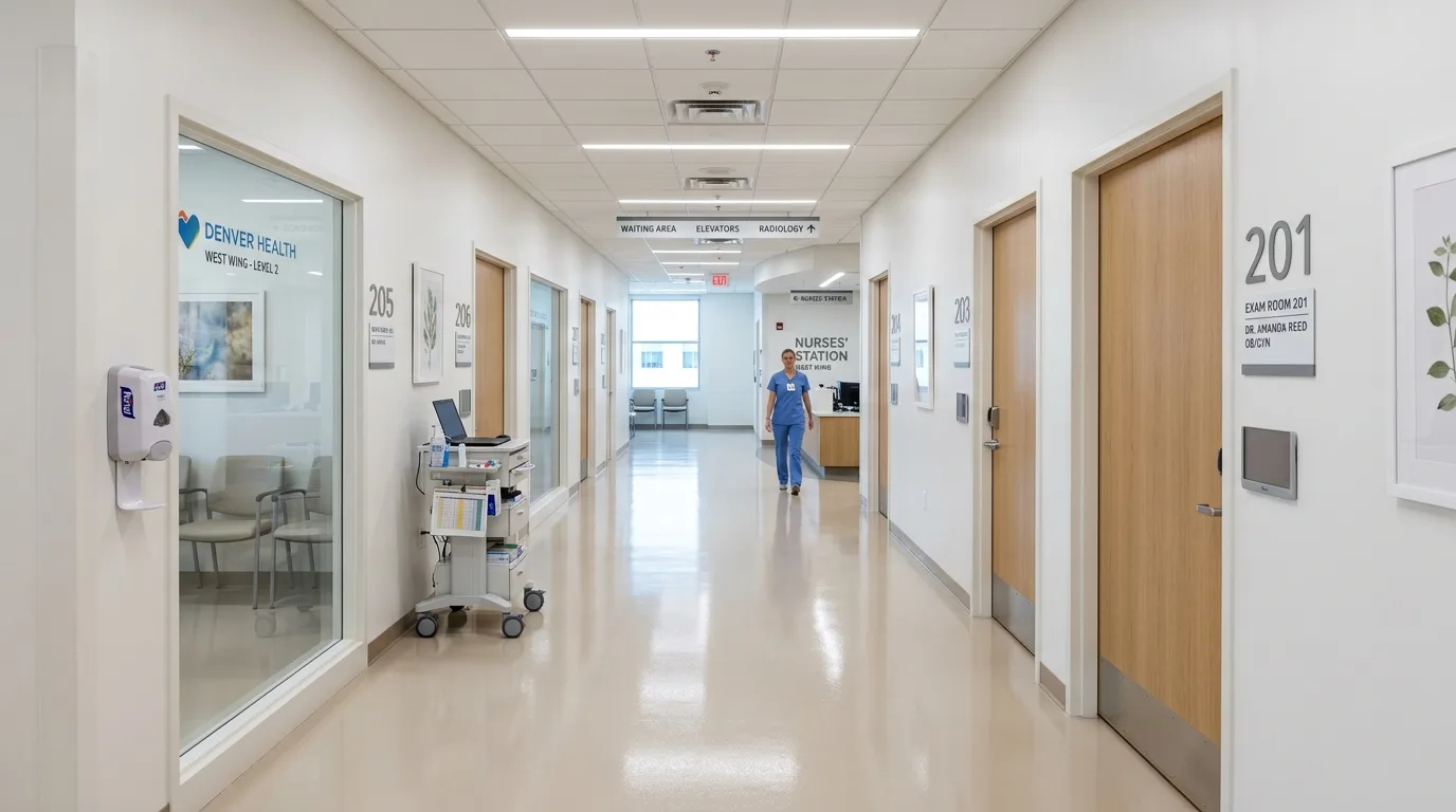 Modern medical clinic corridor with seamless light beige epoxy floor and bright clinical lighting in Denver Colorado