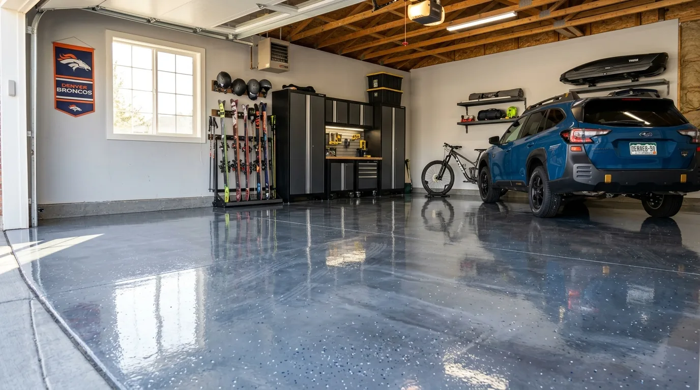 Pristine gleaming epoxy garage floor still looking new after years of use in a Denver Colorado suburban home