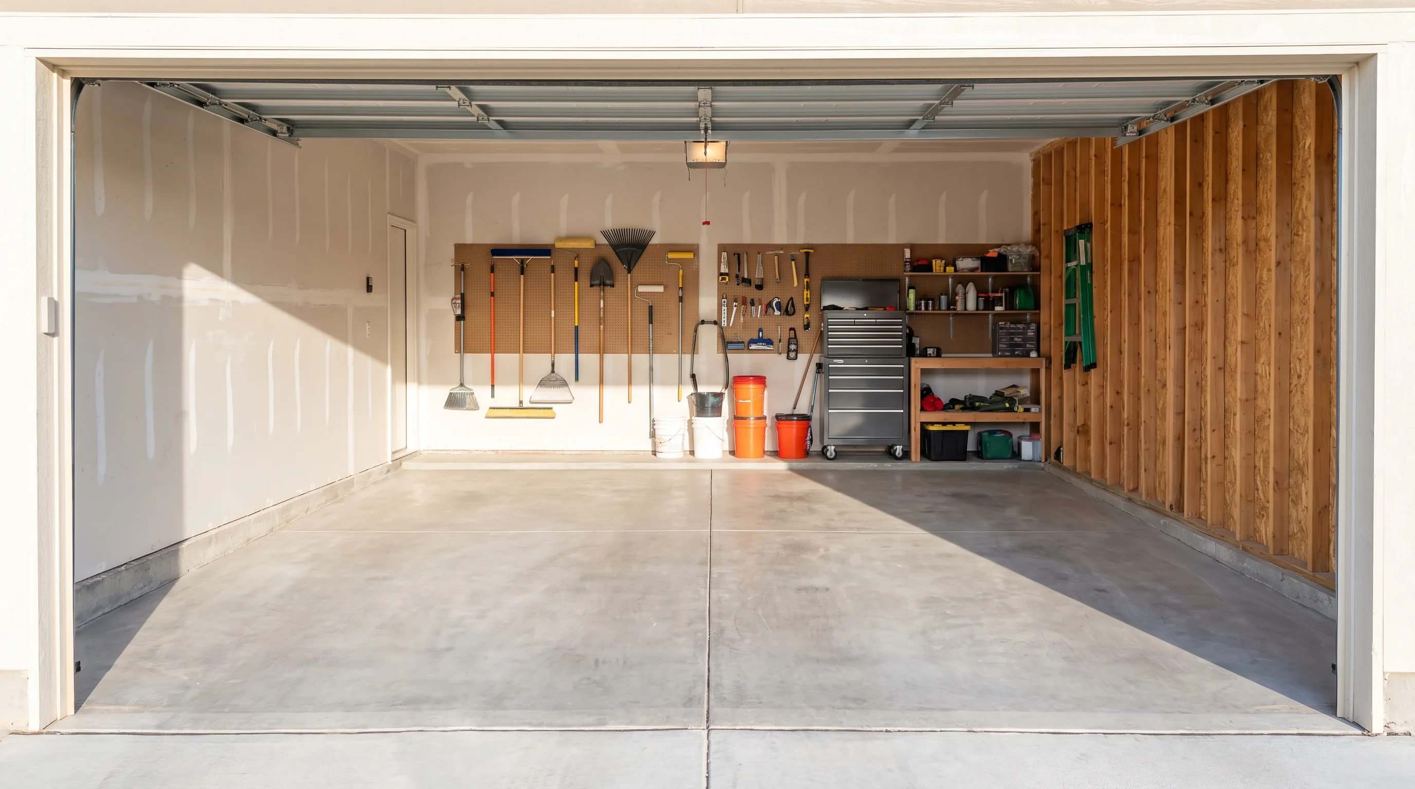Empty cleared-out Denver garage with bare concrete floor and organized tools staged along the wall, ready for epoxy installation