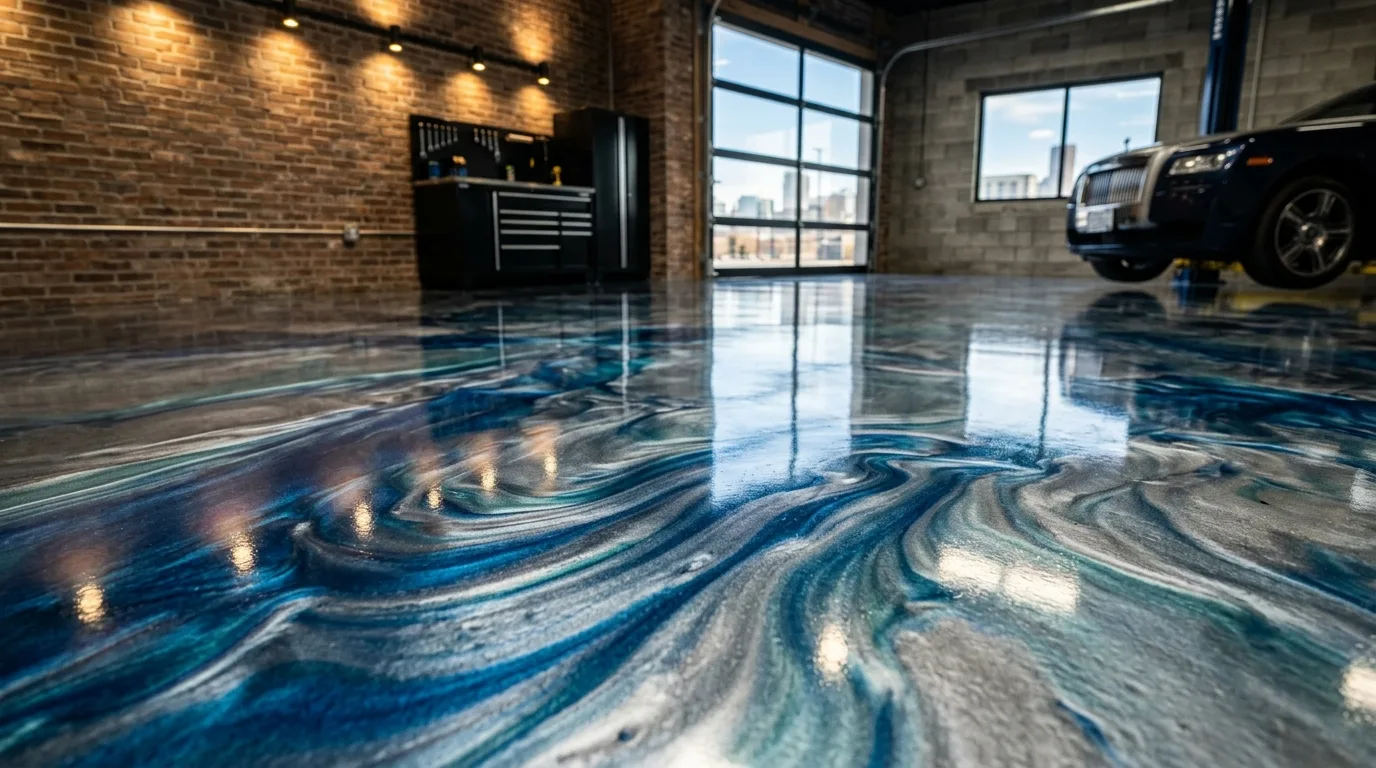 Ocean blue and silver metallic epoxy floor with 3D swirl effect in a Denver Colorado showroom