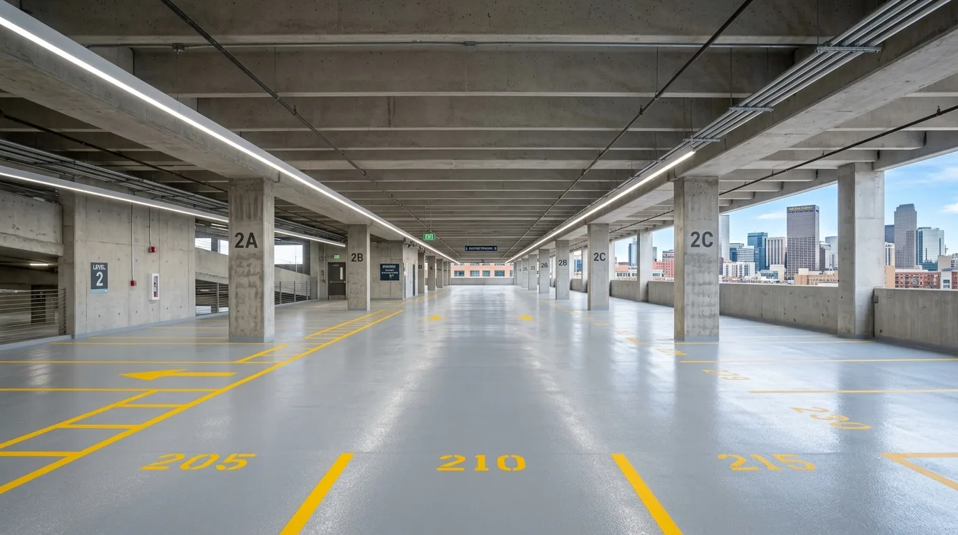 Parking garage epoxy Denver traffic deck systems with yellow line markings