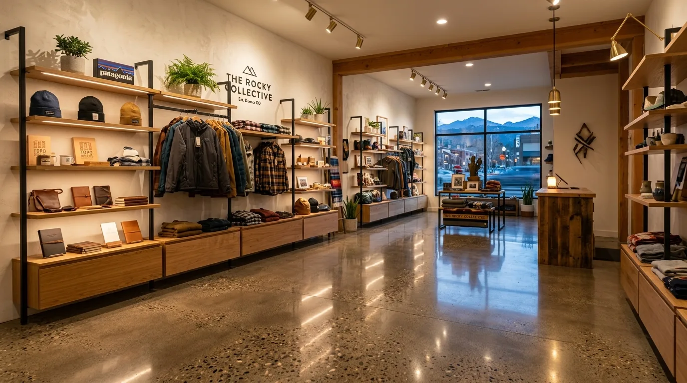 Mirror-finish polished concrete floor in a modern boutique retail store Denver Colorado with light-catching aggregates