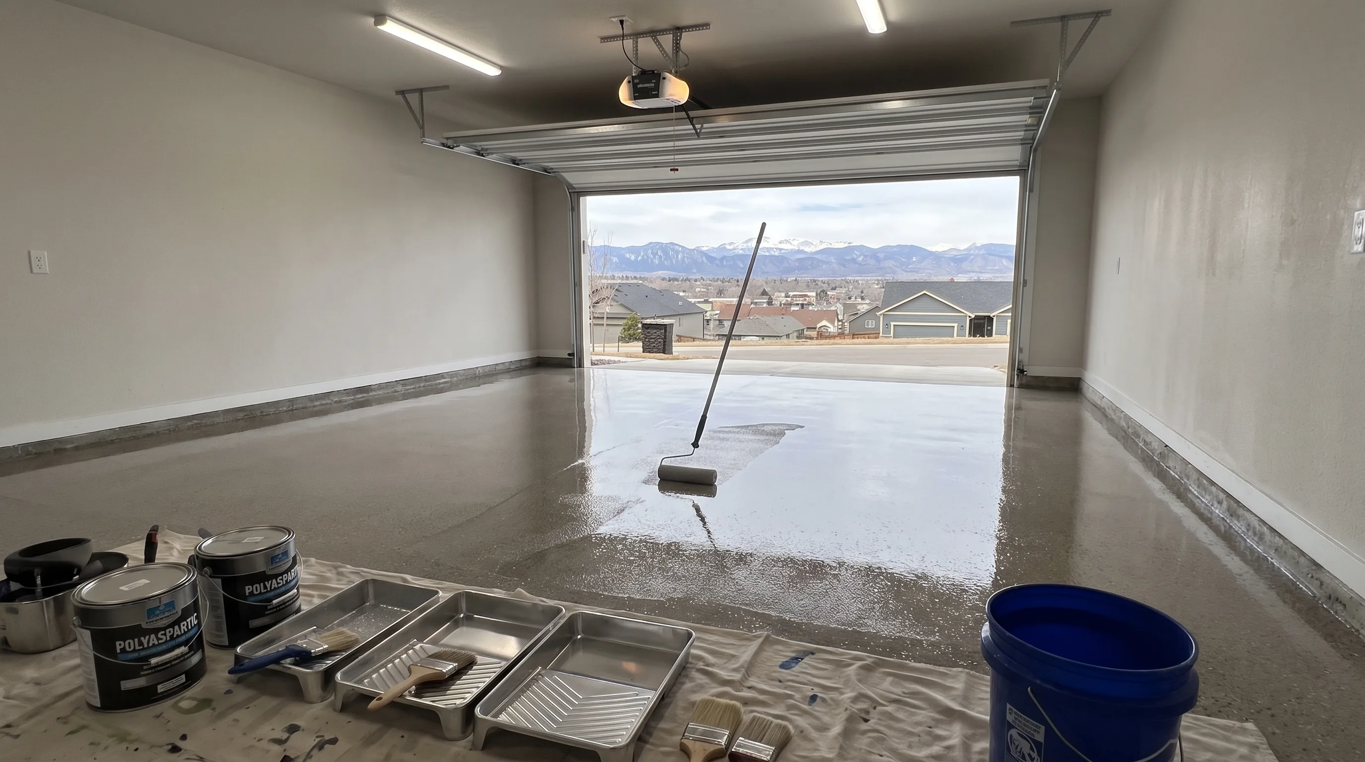 Roller applying wet glossy polyaspartic topcoat to a Denver Colorado garage floor