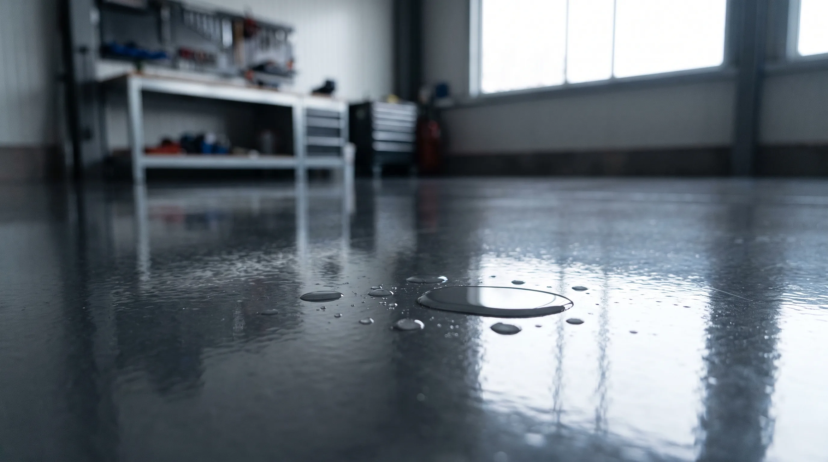 Close-up of glossy dark gray polyaspartic coated floor with water droplets beading on the surface