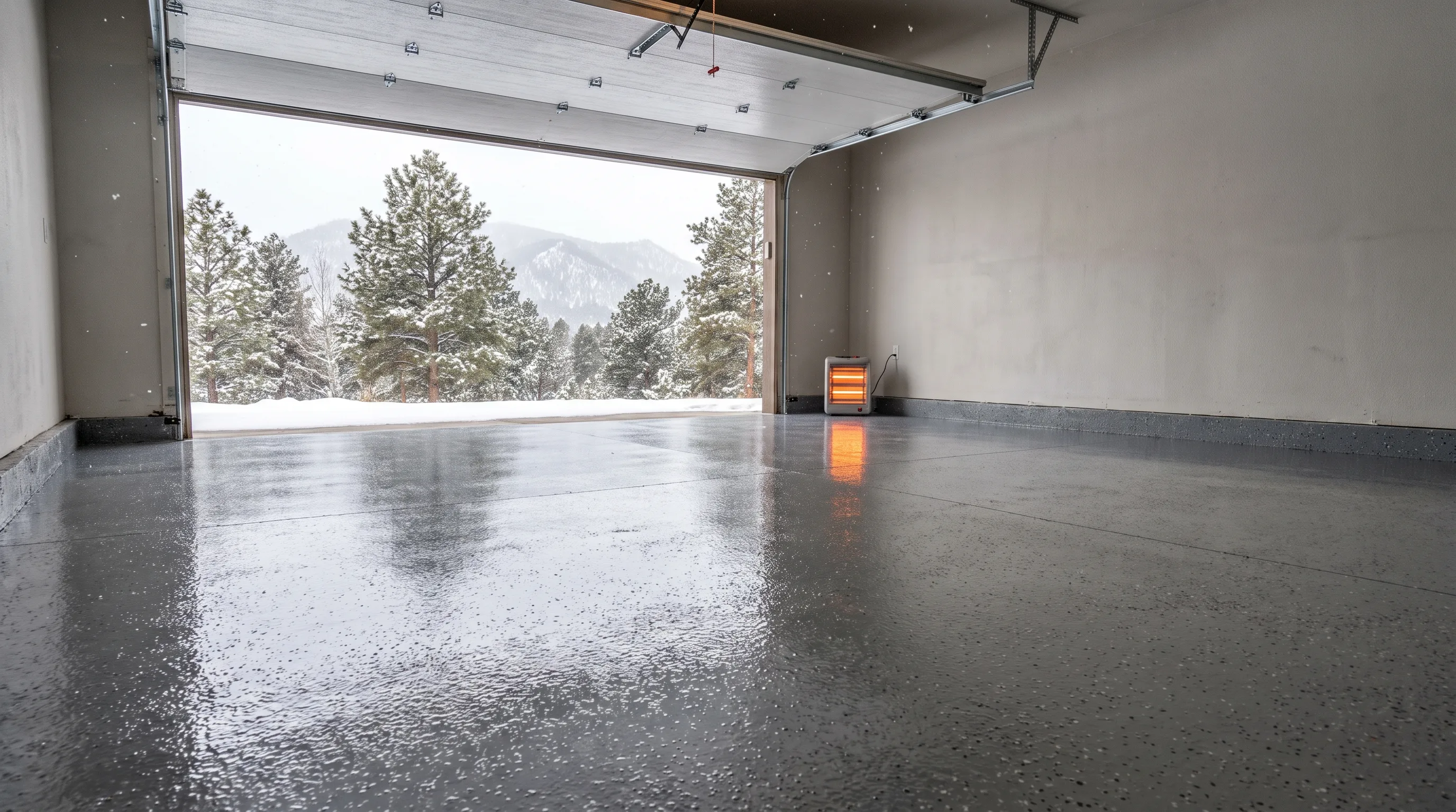 Denver garage in winter with snow-covered mountains visible outside and a glossy wet polyaspartic coated floor reflecting light