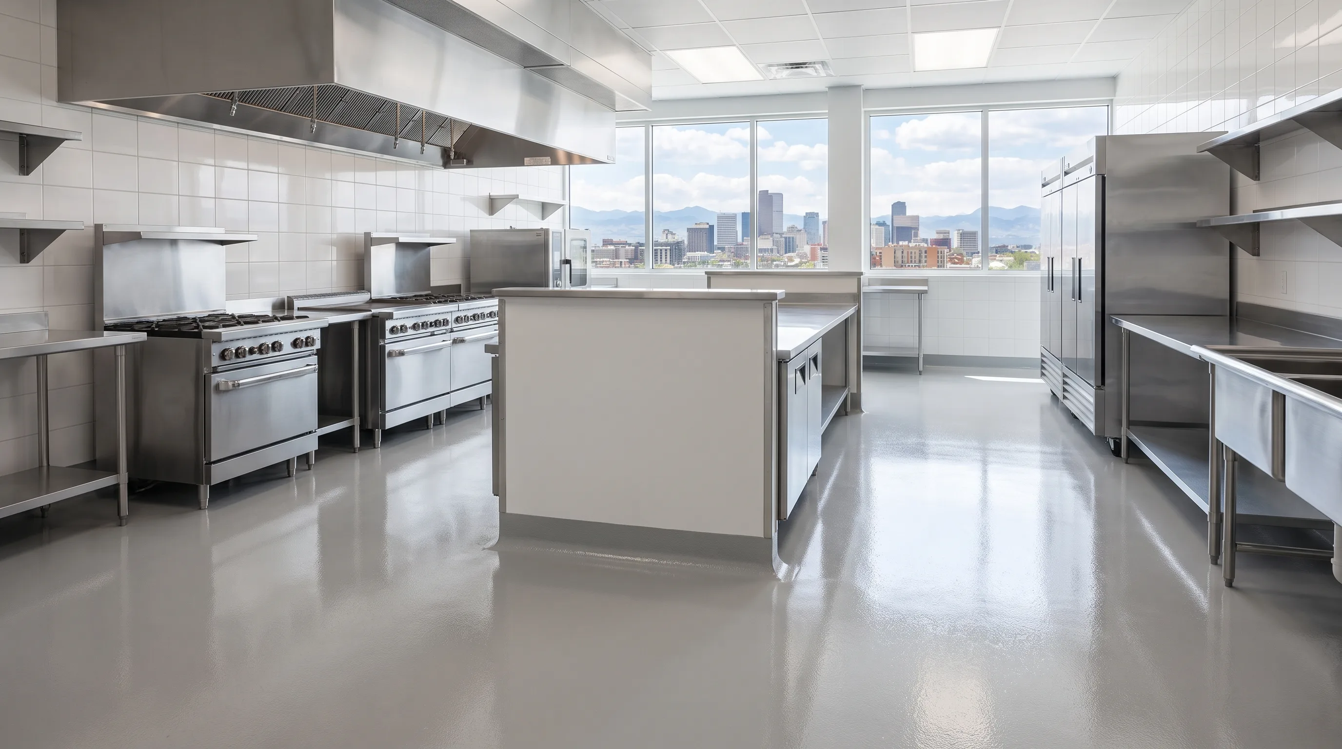 Bright commercial kitchen in a Denver restaurant with seamless glossy polyaspartic floor and stainless steel equipment