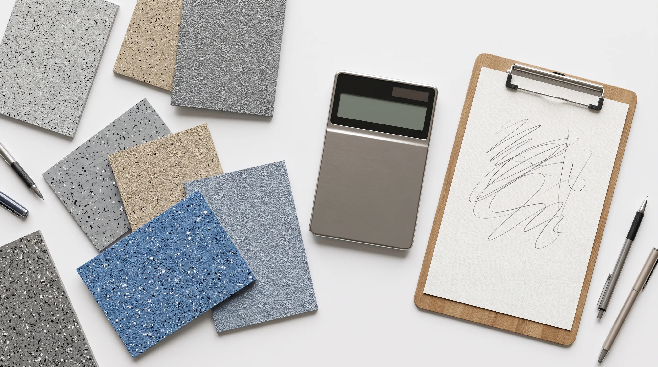Flat lay of polyaspartic floor coating sample chips with a calculator and clipboard suggesting a price estimate
