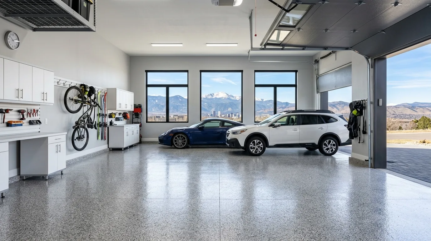 Premium residential garage in Denver Colorado with glossy polyaspartic floor coating and Rocky Mountain view