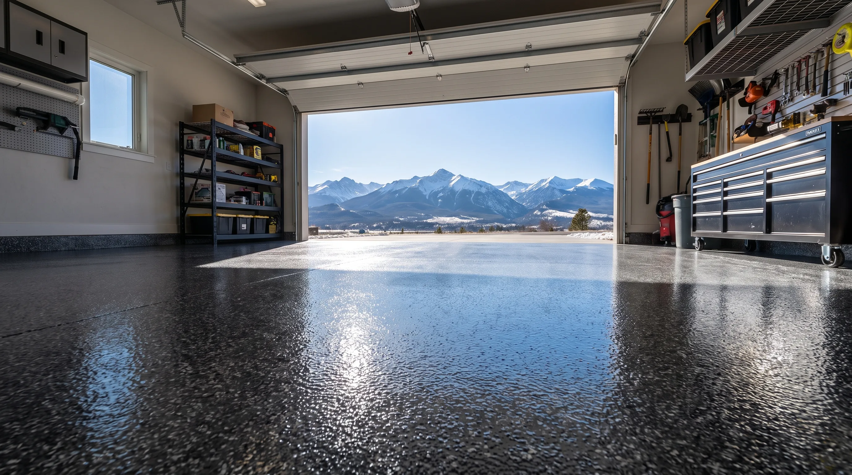 Glossy polyaspartic-coated garage floor in Denver Colorado reflecting bright sunlight
